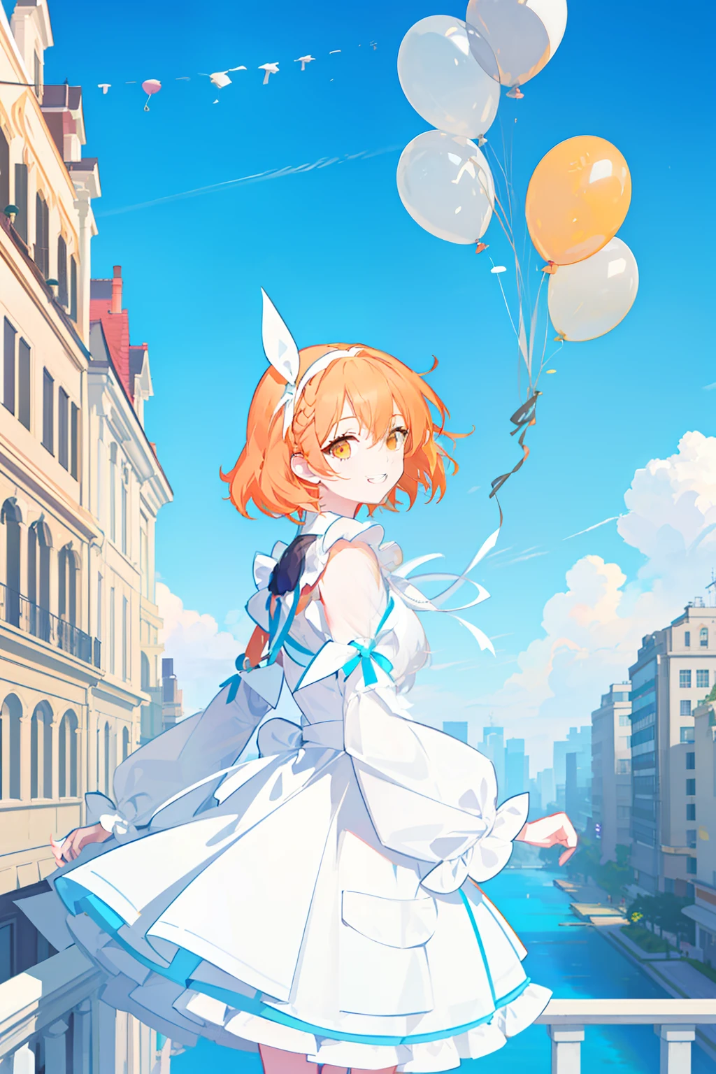 masterpiece, best quality, 1girl, solo, ((orange hair)), short hair, shoulder-length hair, straight hair, ((orange eyes)), round eyes,, (((cyan apron dress))), ((long sleeves)), knee-length dress, frills, ((((white ribbon hair band)))), On the roof of a building, leaning against the fence on the roof, (with one's arms resting on the railing), overlooking the road, as close as it might fall in the noon, blue sky, clear sky, ((full of balloons in the air)), laughing, smiling, seeing a viewer, ((detail face))