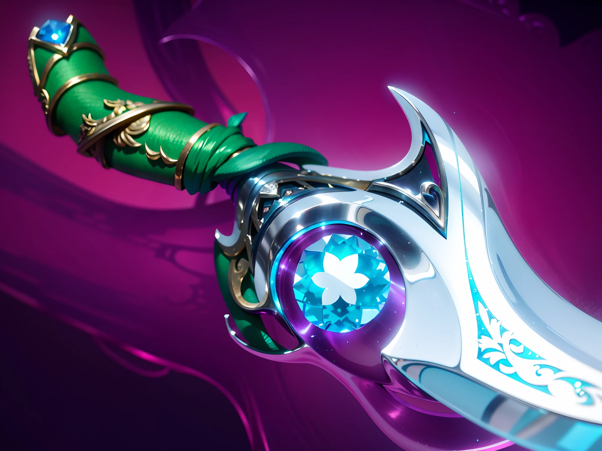 Dagger close-up，The silver dagger has a metal pattern，There is a light blue gemstone on the dagger，fond violet，Green shank，Purple fog