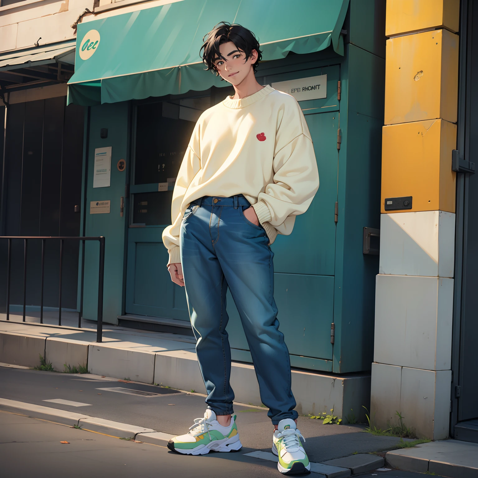 A young man with wavy short black hair and green, gentle smile with rosy cheeks, pretty man, standing, full body, wearing oversized sweater and soft blue jeans with sneakers, twink