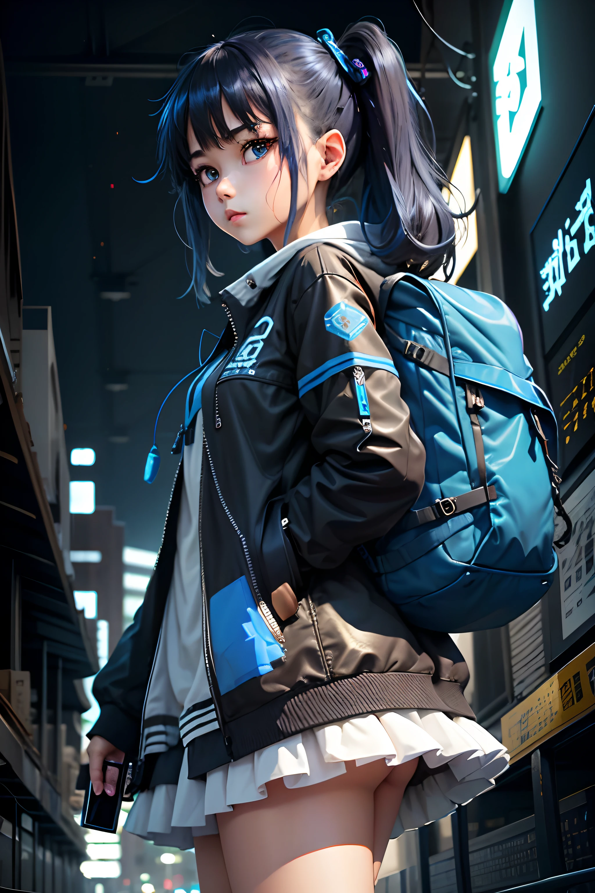 Tech Style、code、circuit boards、The main color is blue、black in color、greys、Anime style、female high-school student --auto