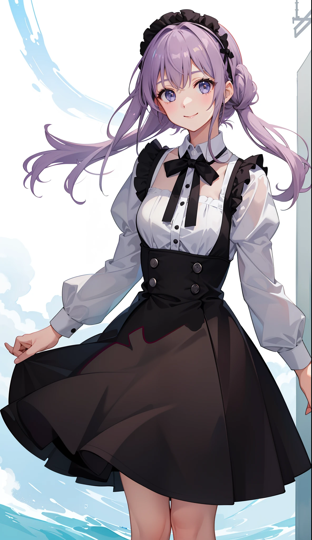 1girl in、A smile、A delightful! The shirt、skirt by the、(small tits)pinafore、doress、hair adornments、(Maids)、run!Spring breeze、
