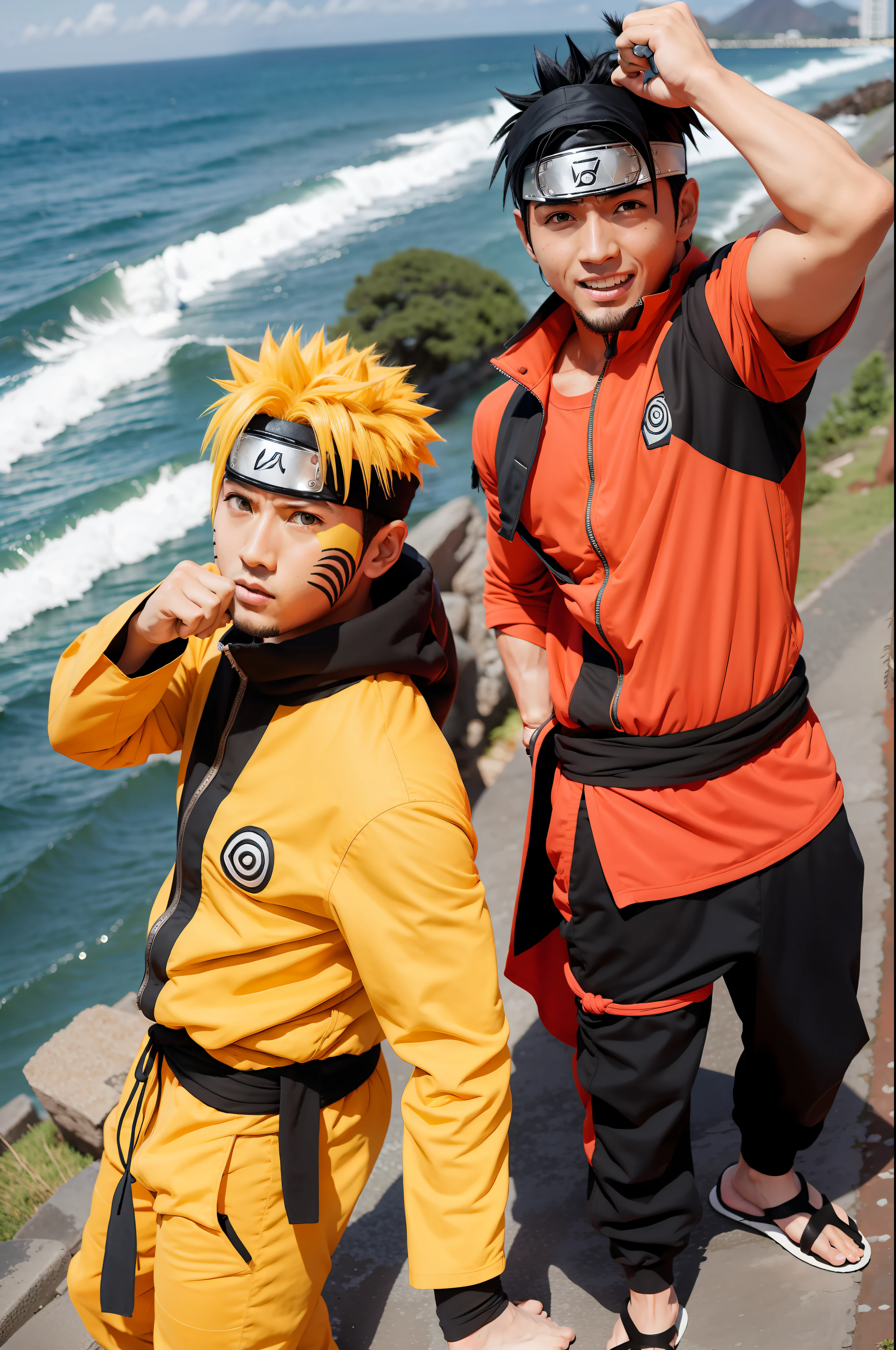 Naruto, junto com seu amigo Jiraya, treinando Rasengan na vila da folha.