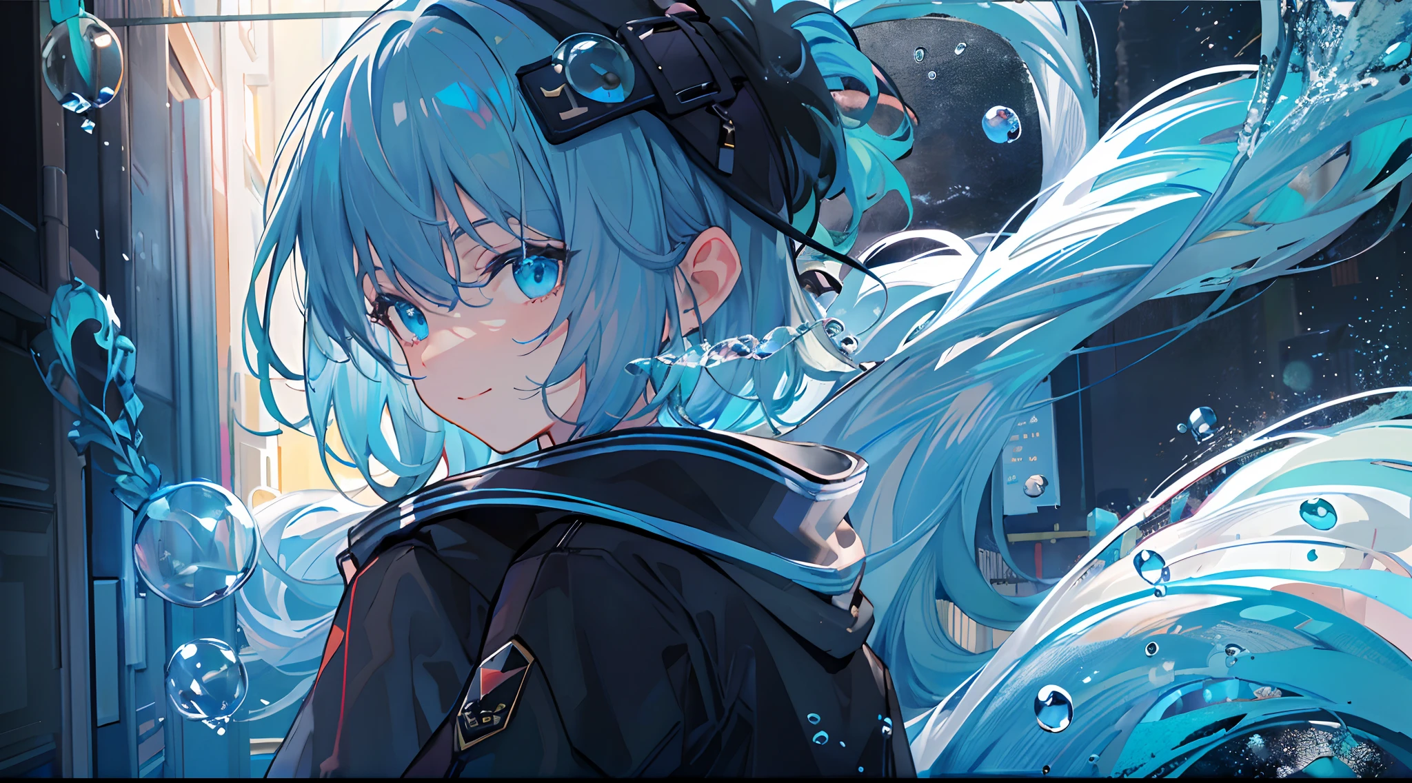 ((top-quality)), ((masterpiece)), ((ultra-detailliert)), (extremely delicate and beautiful), girl with, 独奏, cold attitude,((Black jacket)),She is very(relax)with the(Settled down)Looks,A dark-haired, depth of fields,evil smile,Bubble, under the water, Air bubble,bright light blue eyes,Inner color with light blue hair and dark blue tips,Cold background,Bob Hair - Linear Art, shortpants、knee high socks、White uniform like school uniform、Light blue ribbon ties、Clothes are sheer、Hands in pockets