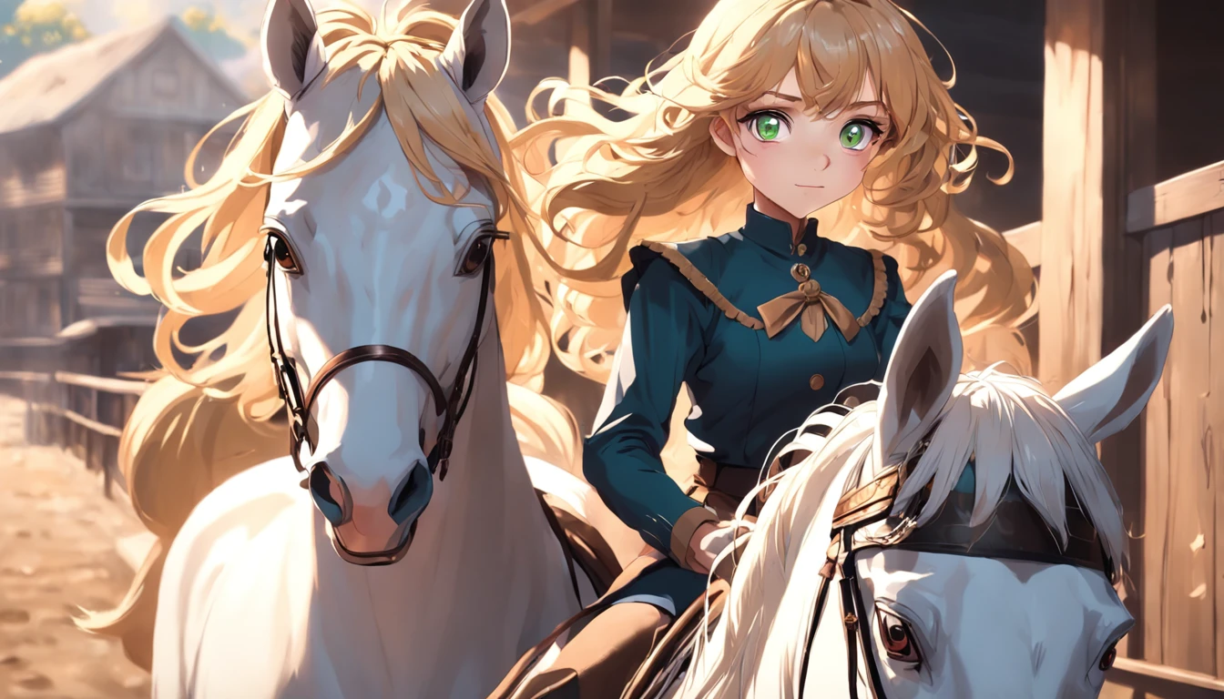 Photorealism, One Girl Riding Horse, Pretty Girl With Green Eyes, Terrible Curly, Naturally Curly, Golden Hair, Freckles, Housemaid Style, Smile