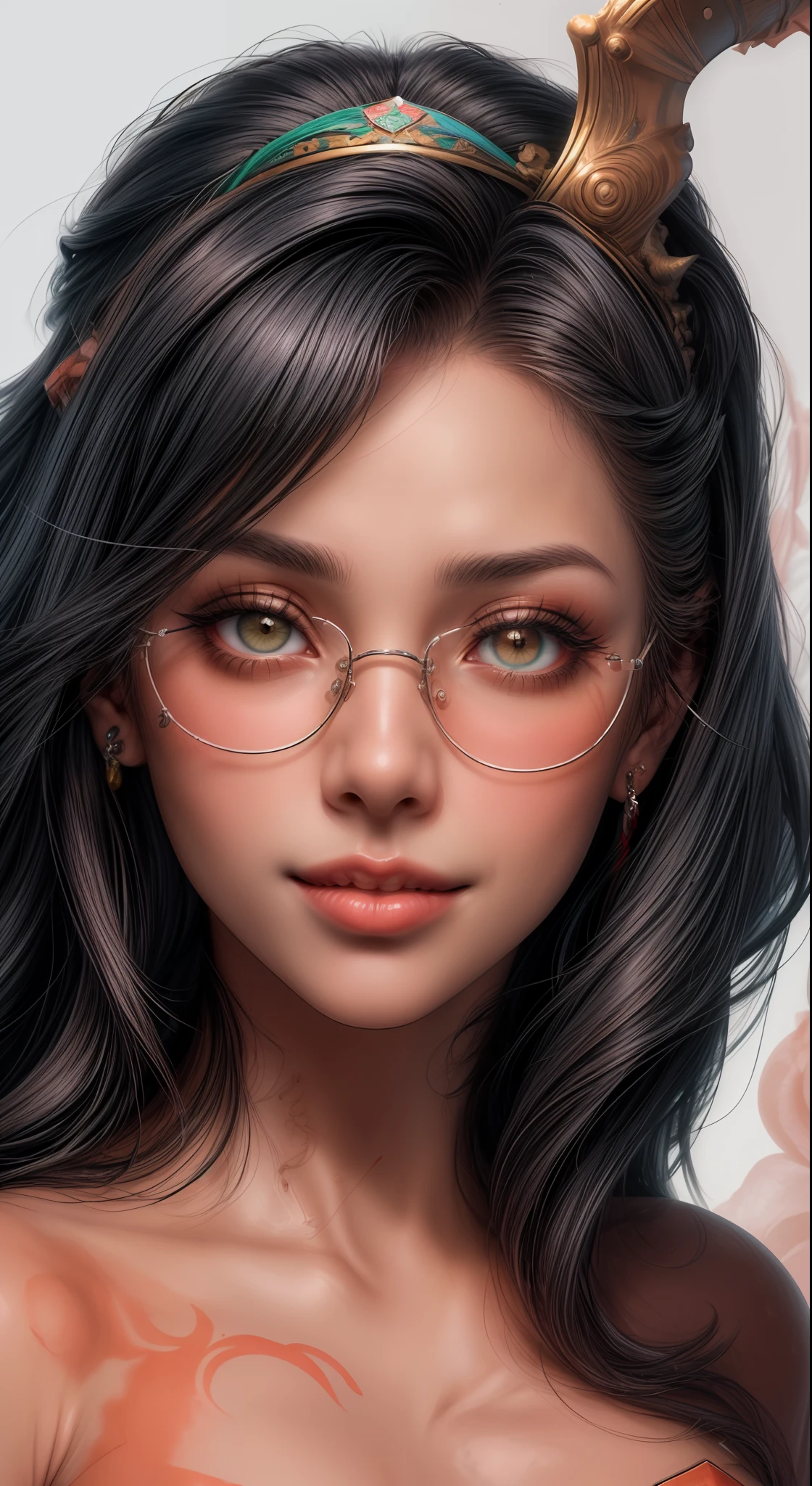 1close up de um garota ,cabelo curto cacheado ruivo, sorrindo,com tatuagens no rosto, fleshy lips,sardas no rosto ,batom vermelho,Pirataria, brinco, glasses and makeup, Angle of the face up close
