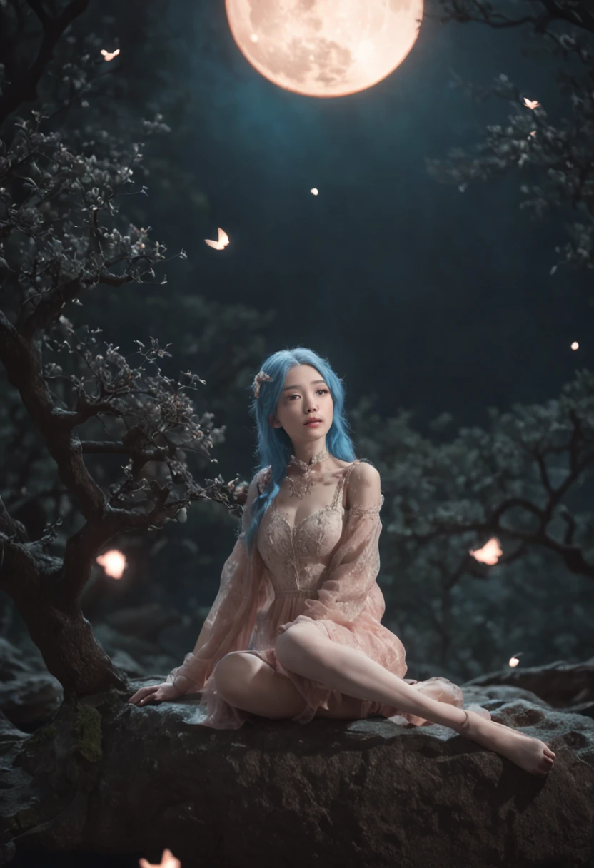 (first person perspective, in a panoramic view,magic realism,surrealism,Chiaroscuro, anime illustration:1.5,,Masterpiece, hyper HD, Super detail, High details, Best quality, A high resolution, A high resolution, Award-Awarded, Award-Awarded, Anatomically correct, 8K),(Delicate anime girl:1.5,blue hairs,sitting on a moon:1.5,Peach blossoms with blurred foreground,the sea,clouds,A huge crescent is suspended in space,Peaceful night sky in the background,A lot of meteors),( Chic girl,anatomy correct,Cinematic lighting,senior color matching,Dark background)