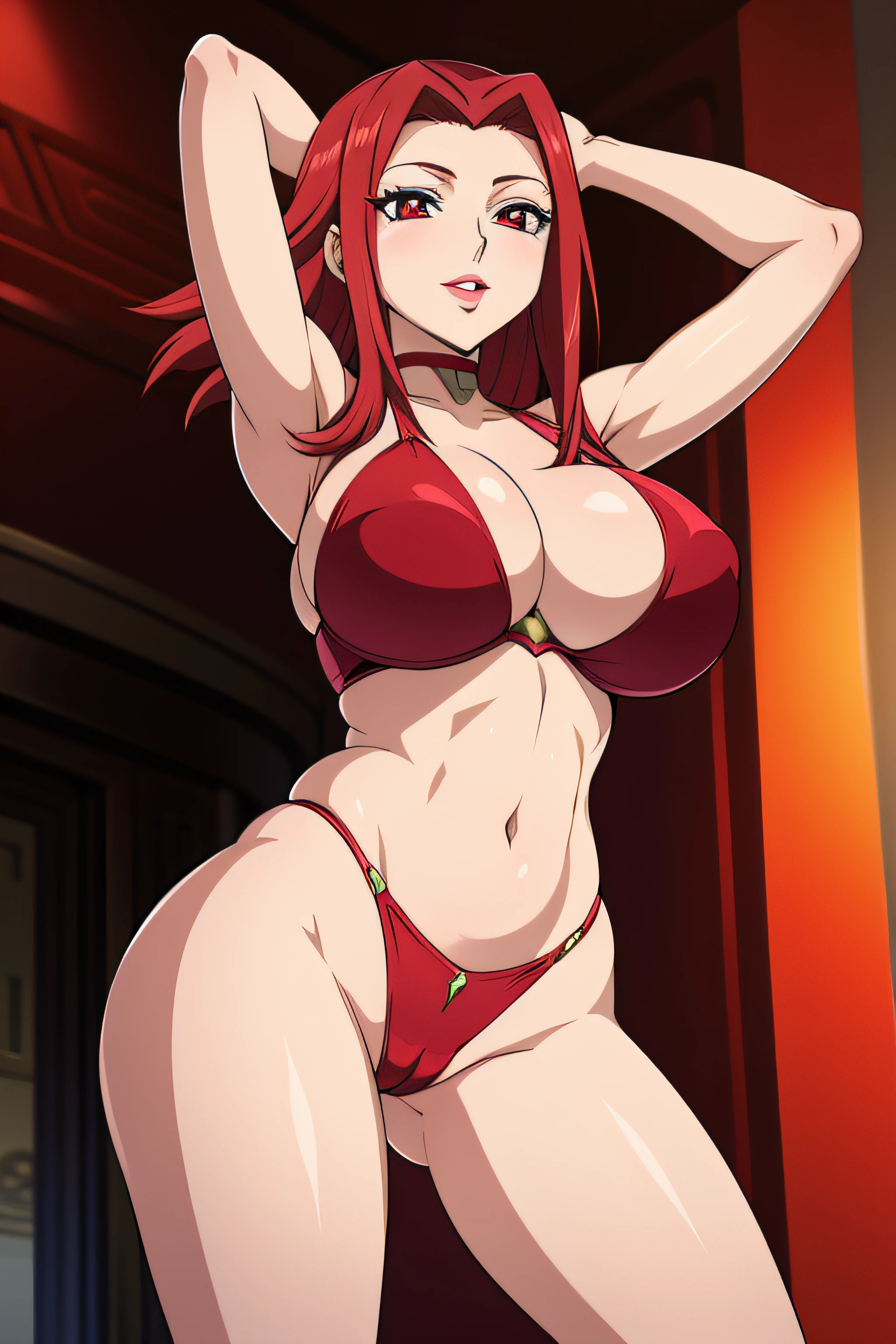 Code Geass, Kallen Stadfeldt 1girl, (((bimbo))), long red hair, puffy lips, painted lips, thick lips, wide hips, thick thighs, big breast, huge ass, revealing cleavage, erotic, Smile face, bubble butt, camel toe, Breasts, red bikini, arms up, standing in front of me