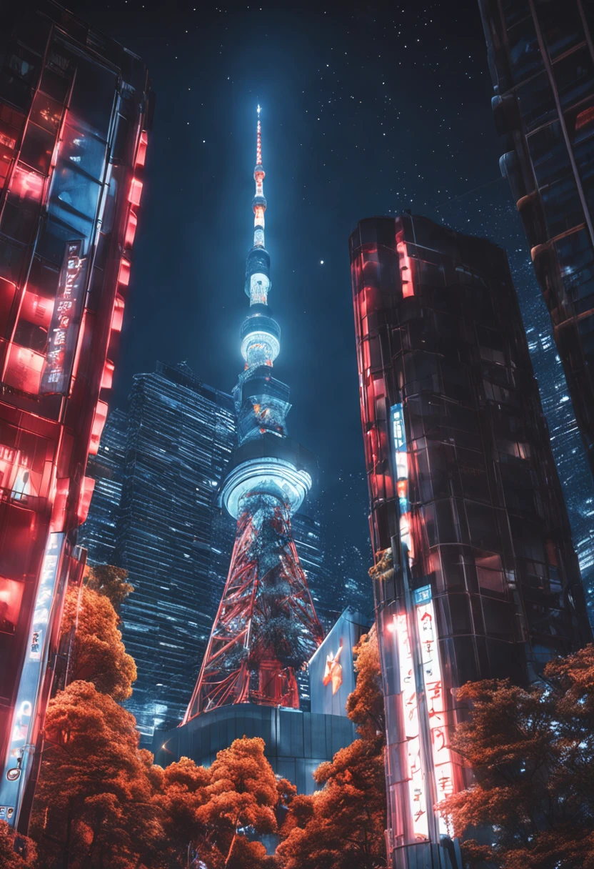 ((Tokyo Tower)) Looking up from directly below, cinematic lightening, ((Night with moonlight and stars)), Core Low Key, top-quality, Hyper-Resolution, Hyper-Realism, sharpness