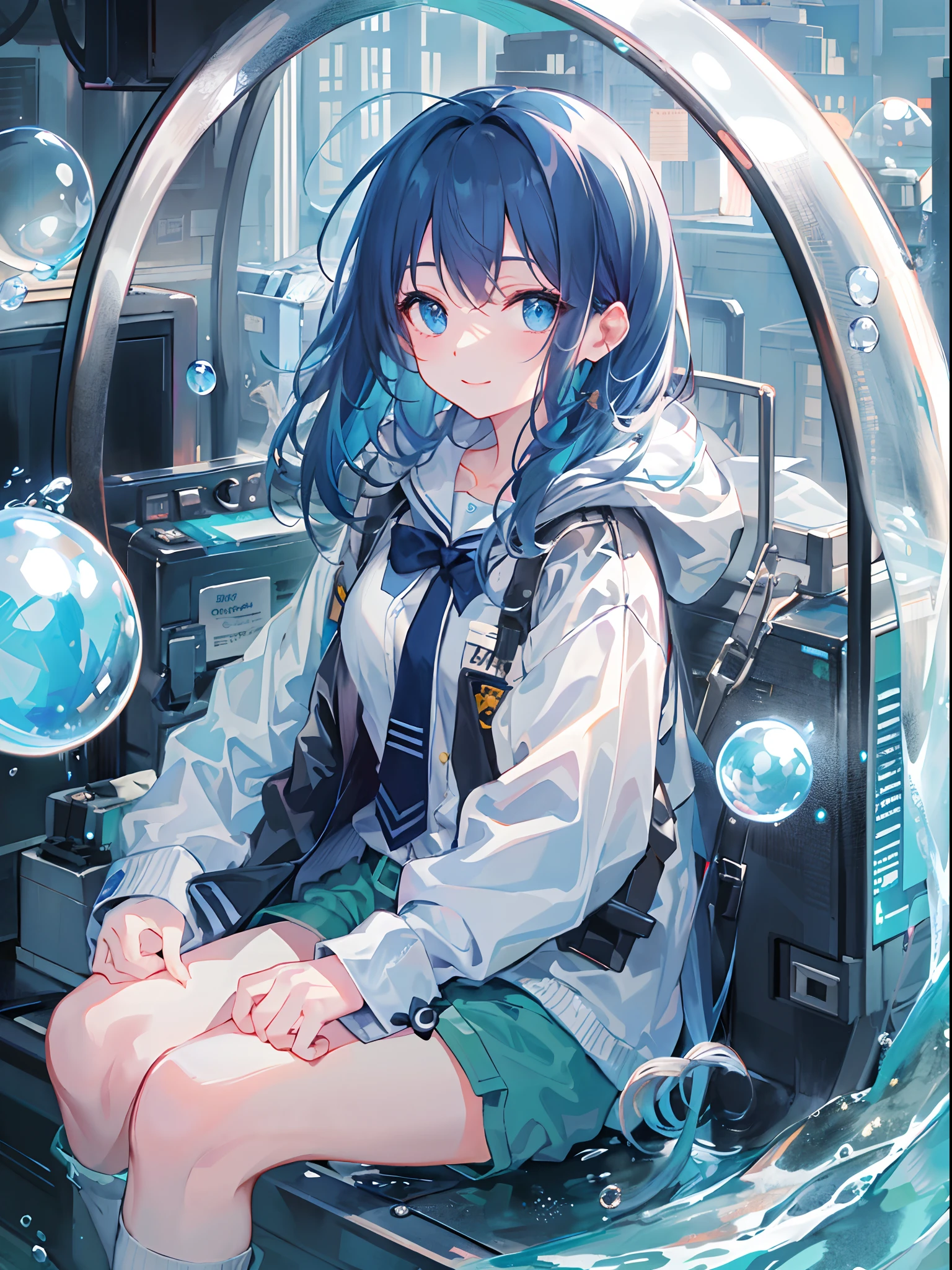 ((top-quality)), ((masterpiece)), ((ultra-detailliert)), (extremely delicate and beautiful), girl with, 独奏, cold attitude,((Black jacket)),She is very(relax)with the(Settled down)Looks,A dark-haired, depth of fields,evil smile,Bubble, under the water, Air bubble,bright light blue eyes,Inner color with light blue hair and dark blue tips,Cold background,Bob Hair - Linear Art, shortpants、knee high socks、White uniform like school uniform、Light blue ribbon ties、Clothes are sheer、Hands in pockets