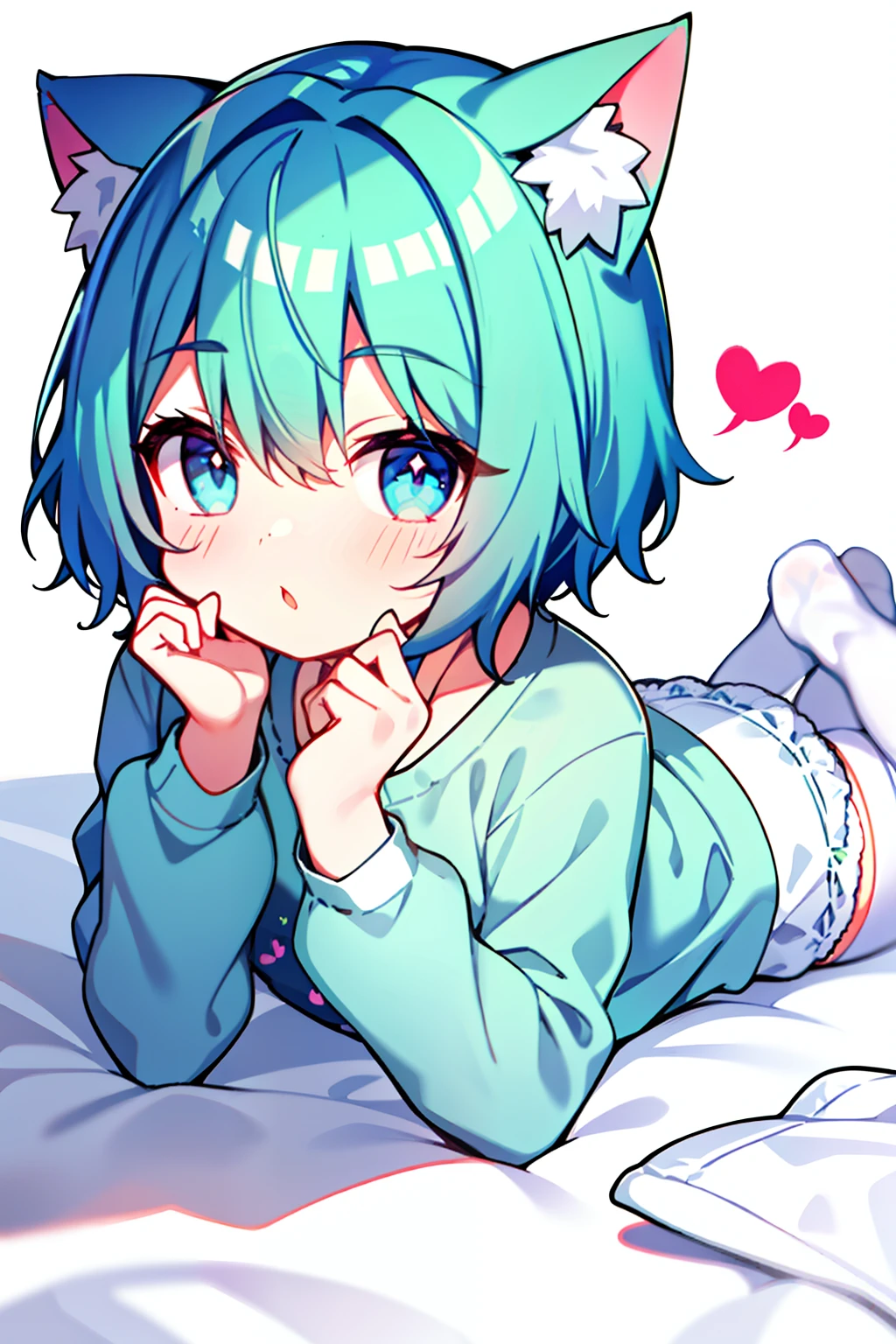 1 Lori,Cat ears,Lie down in bed,leisure wear,Juicy little short legs,white stockings,Cute white background, (Speaking heart:1.4)