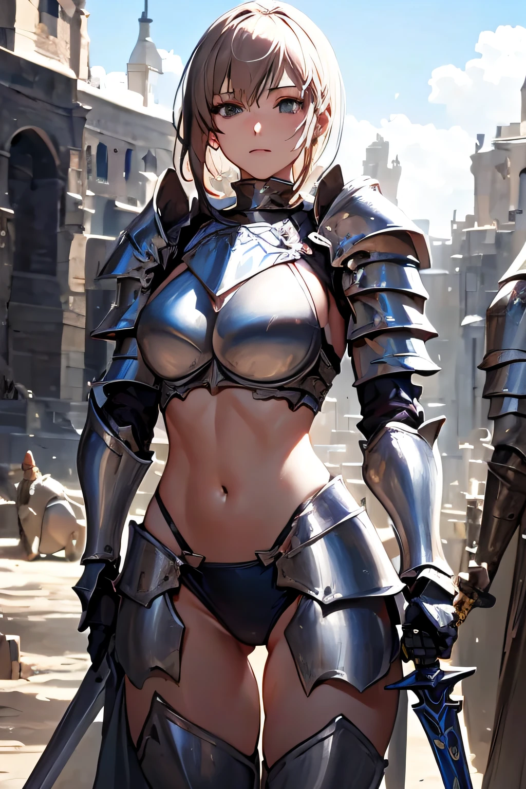 a close up of a woman in armor holding a sword, armor girl, bikini armor female knight, Bikini Armor, bikini-armor, Gorgeous Female Paladin, Female knight, of a beautiful female knight, Beautiful armor, A slender、bikini-armor, Revealing armor, ornate bikini armor, stunning armor, Trending on ArtStation pixiv, beautiful female knight