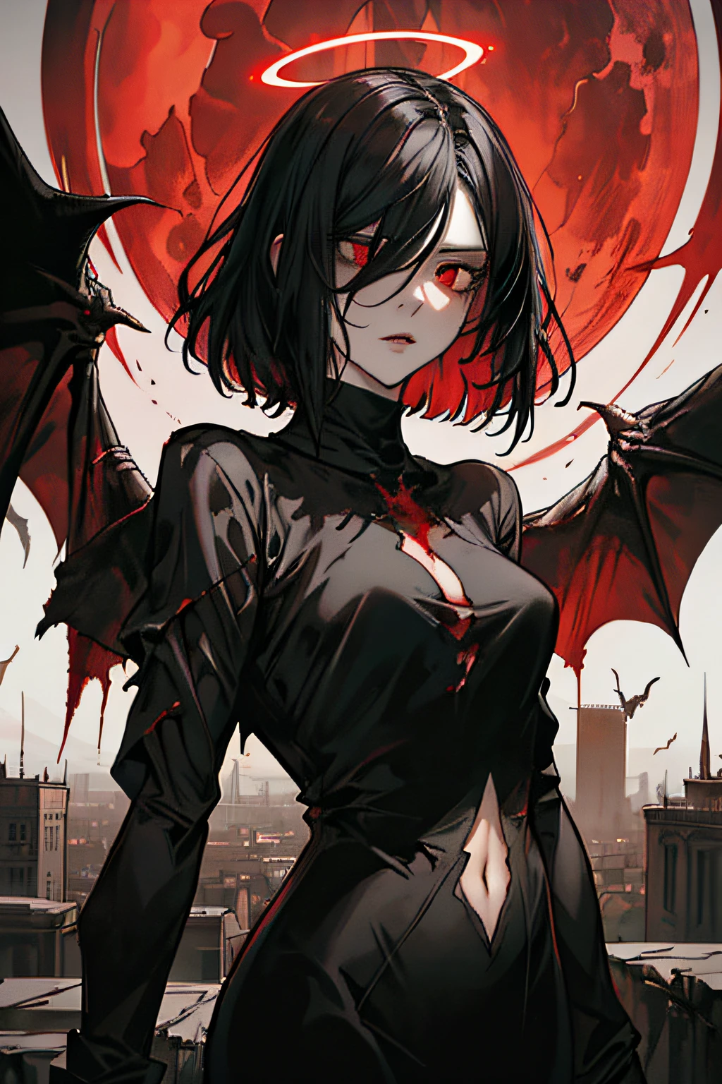 (masterpiece, best quality), 1lady, solo, (gothic), halo, wings,fallen angel, short black hair, loose waves, red eyes, (dragon, art by hermann nitsch, zdzislaw beksinski, dariusz zawadzki, giger), skinny body, black shirt, blood moon, city
