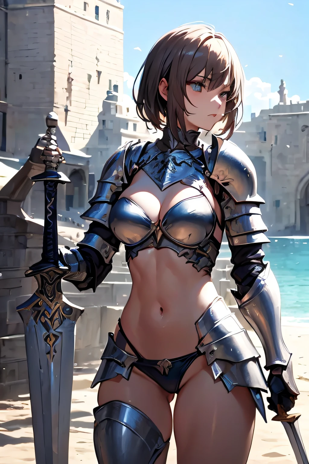 a close up of a woman in armor holding a sword, armor girl, bikini armor female knight, Bikini Armor, bikini-armor, Gorgeous Female Paladin, Female knight, of a beautiful female knight, Beautiful armor, A slender、bikini-armor, Revealing armor, ornate bikini armor, stunning armor, Trending on ArtStation pixiv, beautiful female knight