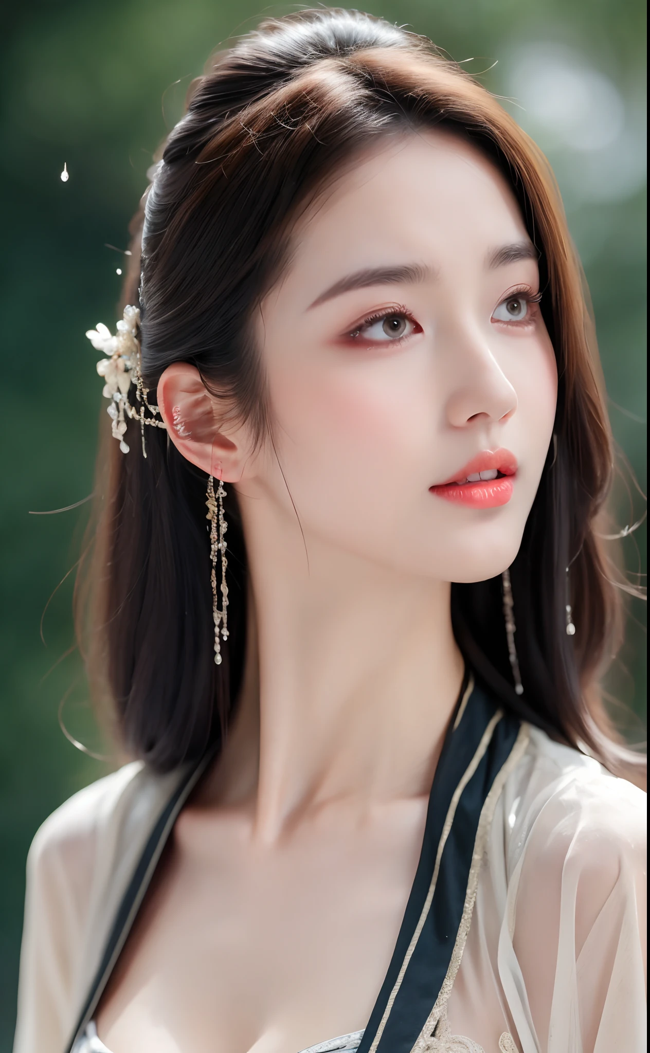((Best Quality, 8k, Masterpiece: 1.3)), Focus: 1.2, Perfect Body Beauty: 1.4, Buttocks: 1.2, ((Layered Haircut)), (Wet Clothes: 1.1), (Rain, Street:1.3), (Breasts: 1.2), (Hanfu: 1.2), Bare Shoulders, Bare Legs, Highly Detailed Face and Skin Texture, Fine Eyes, Double Eyelids, Whitened Skin, Long Hair, (Shut Up: 1.5), (Bokeh Background: 1.5), Big Breasts