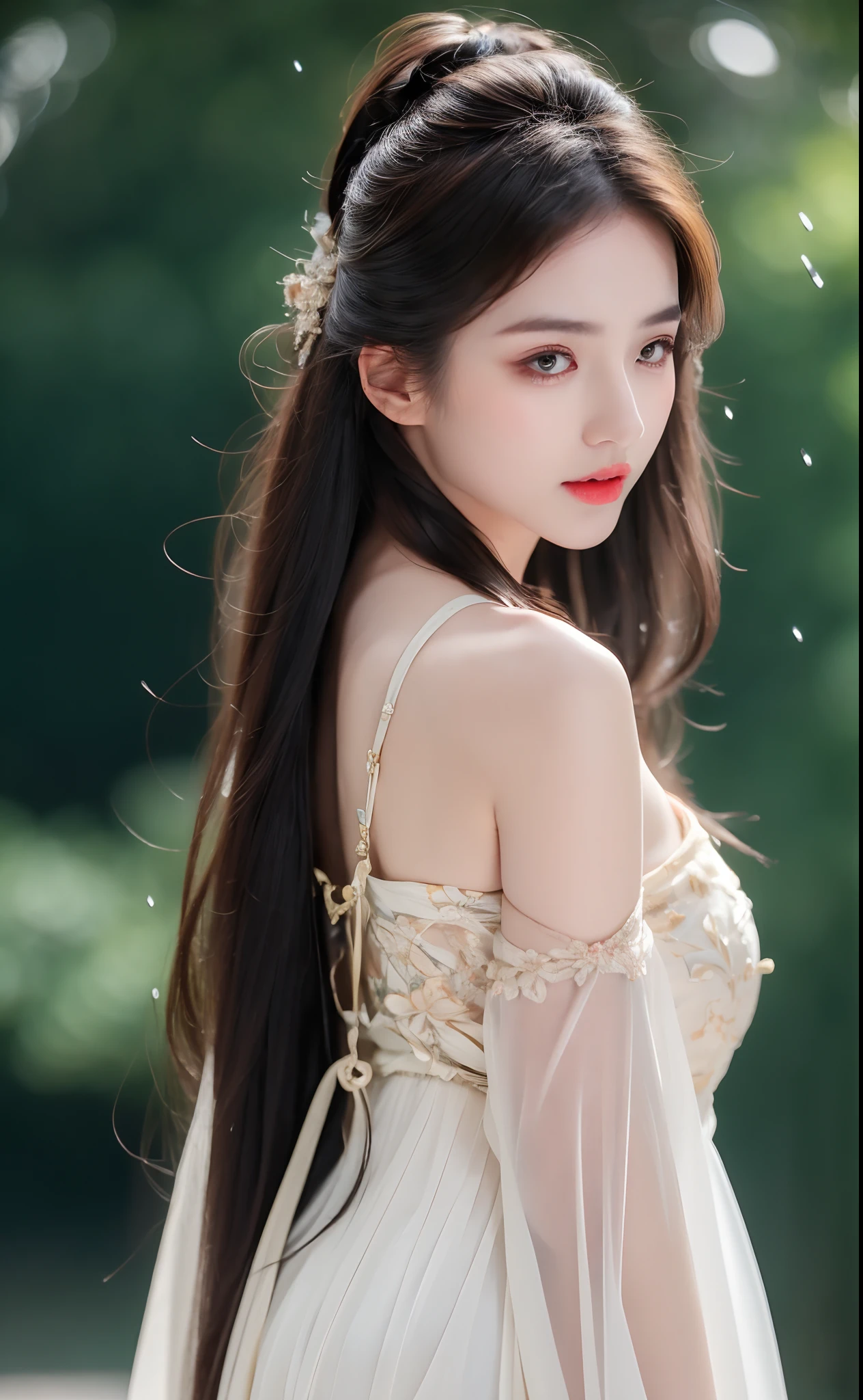 ((Best Quality, 8k, Masterpiece: 1.3)), Focus: 1.2, Perfect Body Beauty: 1.4, Buttocks: 1.2, ((Layered Haircut)), (Wet Clothes: 1.1), (Rain, Street:1.3), (Breasts: 1.2), (Hanfu: 1.2), Bare Shoulders, Bare Legs, Highly Detailed Face and Skin Texture, Fine Eyes, Double Eyelids, Whitened Skin, Long Hair, (Shut Up: 1.5), (Bokeh Background: 1.5), Big Breasts