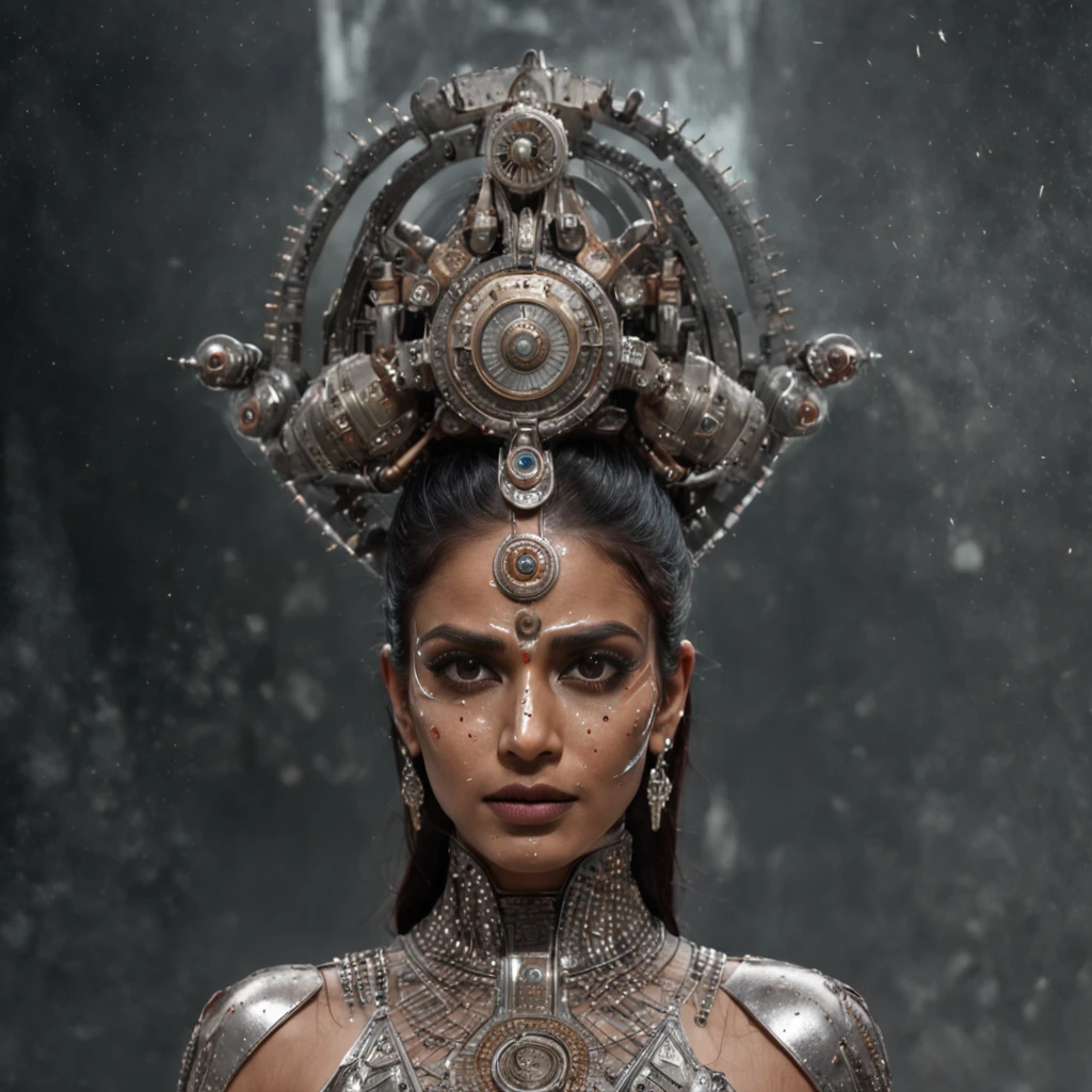 futuristic indigenous futurism,actress priyanka chopra as An advanced cybernetic cyborg indian Hindu goddesses of war, sensuality,artistic details,cyberpunk hindu mythology,epic sci-fi fantasy, centered,in the style of Nick Alm fantastical futuristic fantasy compositions, dark prism, dark, metallic compositions, symmetrical arrangements, cybernetic ethereal iridescent metallic colors , distinctive noses, ethereal,blood splatter colorful, eye-catching metallic compositions, symmetrical geometry, distinctive noses, gothic references, with a bold lines and streaks of black,white,red, gold and silver, fantasy sci-fi art, a detailed painting, ,Alex Alemany merge Karol Bak