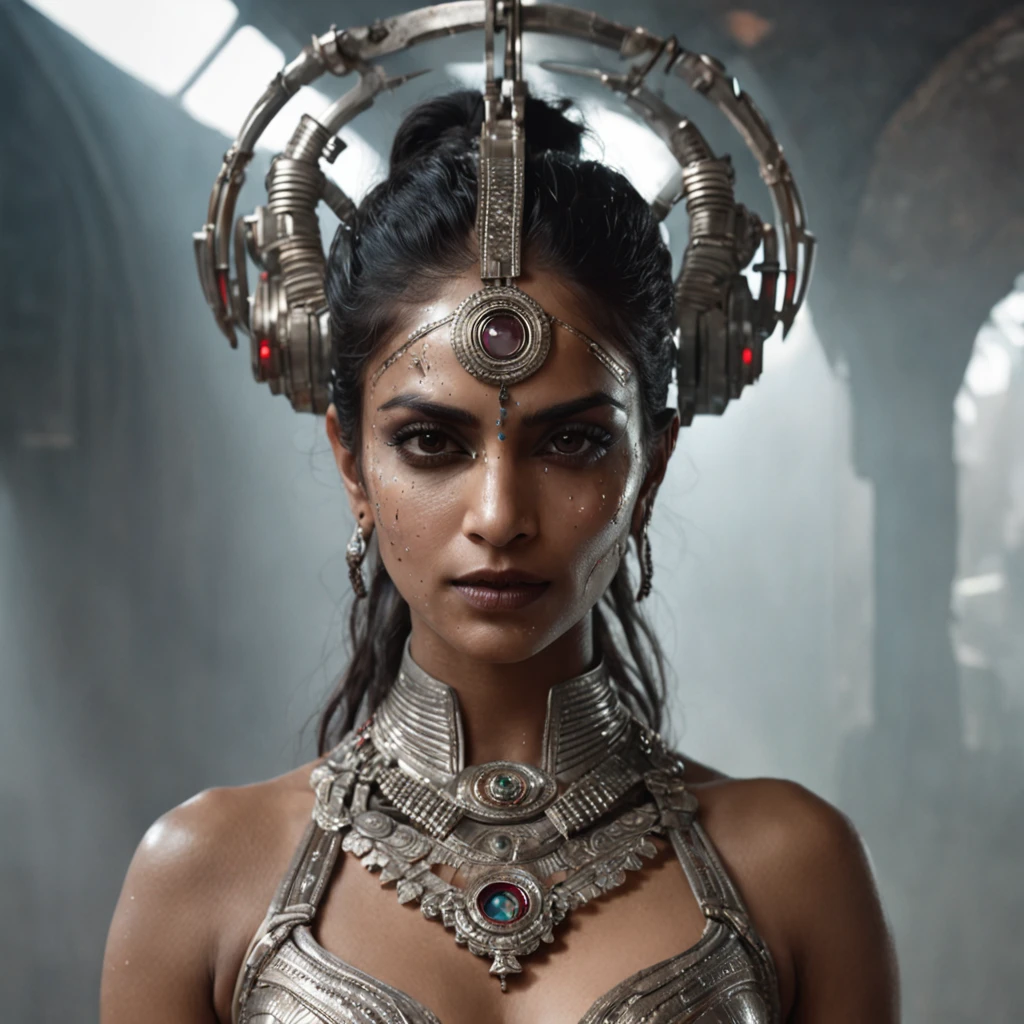 futuristic indigenous futurism,actress priyanka chopra as An advanced cybernetic cyborg indian Hindu goddesses of war, sensuality,artistic details,cyberpunk hindu mythology,epic sci-fi fantasy, centered,in the style of Nick Alm fantastical futuristic fantasy compositions, dark prism, dark, metallic compositions, symmetrical arrangements, cybernetic ethereal iridescent metallic colors , distinctive noses, ethereal,blood splatter colorful, eye-catching metallic compositions, symmetrical geometry, distinctive noses, gothic references, with a bold lines and streaks of black,white,red, gold and silver, fantasy sci-fi art, a detailed painting, ,Alex Alemany merge Karol Bak