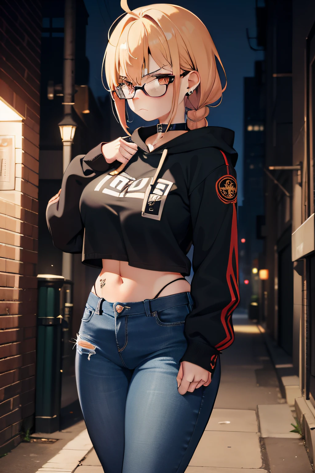 1girl, solo, Delinquent street punk, emo hoodie, tattoo's, angry face, medium sized breast, exposing breast, slightly visible nipple ring, golden eyes, closed mouth, braid, alleyway background, nice curvy hips, short jeans, watch, frown, intense glare, detailed body, long eyelashes, holding out hand, oval glasses, perfect skin, delicate skin, huge ahoge 1.3, piercings, high quality, back alley lighting, perfect nose, perfect ears, perfect figure,