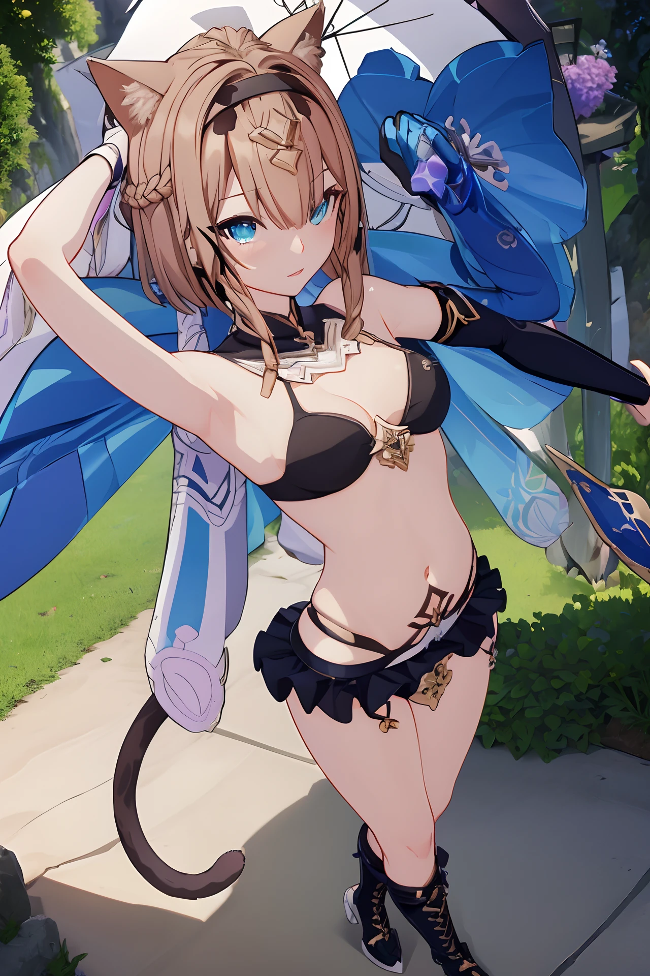 /ph Pardofelis, ph Pardofelisds, ph Pardofelishd, 1girl, cat ears, solo, blue eyes, brown hair, breasts, bikini top only, weapon, braid, navel, black bikini, boots, black gloves, short hair, fingerless gloves, black skirt, cat tail, bangs, asymmetrical gloves, bare shoulders, holding, headband, green eyes, tattoo, midriff, cross-laced footwear, holding weapon, elbow gloves, socks, heterochromia, cleavage, heterochromia,  green eyes, braid, bikini top only, (masterpiece:1.6, best quality), (finely detailed beautiful eyes: 1.2), ultra-detailed, illustration,beautiful detailed eyes, looking at viewer, (from above:1.1),   (breasts out:1.3), (off shoulder:1.1), (full_body) ,  flower, holding_umbrella, hydrangea, rain, transparent_umbrella, umbrella, bouquet, blue_flower, snail, plant, potted_plant, morning_glory, transparent, leaf,shared_umbrella, blue_umbrella, leaf_umbrella, holding, purple_flower, holding_bouquet, white_umbrella, blue_rose, water_drop, striped, flowers, masterpiece, best quality, highly detailed, masterpiece, best quality, 1girl, solo, barefoot, blue shirt, long sleeves, blush, feet, toes, looking at viewer, , Naked, NSFW, (high resolution), (masterpiece:1.6, best quality), (finely detailed beautiful eyes: 1.2), ultra-detailed, (extremely detailed CG unity 8k wallpaper), (masterpiece), (best quality), (ultra-detailed), (best illustration), (best shadow), (absurdres), (detailed hand), solo, looking at viewer, smile, presenting armpit, armpit, arm up, lumen reflections, natural lighting, evocative, triadic color scheme, cowboy shot, elegant, voluptuous:0.6, looking at viewer, female, solo, blush, open mouth, smile, teeth, bare shoulders, arms behind head, navel, solo, barefoot, looking at viewer, thighs, parted lips, arms up, topless, 1girl, armpits, (small breasts), ((naked)) (nipples), Exposed side breasts, raised arms showing sweaty armpits, shy, (intricate details), colorful, full-body portrait, capture excellent full-body shots, (white bed sheet:1.