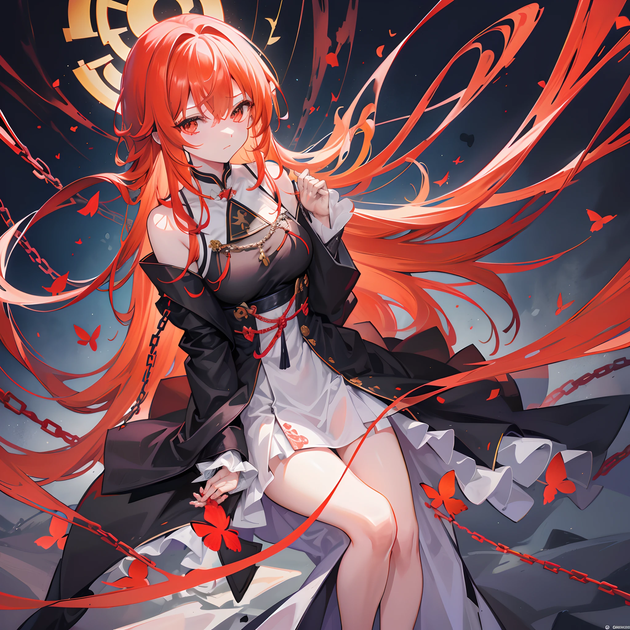 ((ultra - detailed)),((illustration)),((tmasterpiece)),(((Need))),((美丽细致的眼睛)),(the Extremely Detailed CG Unity 8K Wallpapers,best qualtiy,tmasterpiece),((4K,tmasterpiece,best qualtiy)),Mature woman with orange hair,Hands and neck are tied by chains,Black clothes are tight,The ankles are tied by chains,Standing prayer position,blood in face,Burning red chain,There is a love sign on the back of the hand,blacksilk,Hallucinogenic butterflies,Barefoot,The demons,Miserable white skin,Whole body diagram