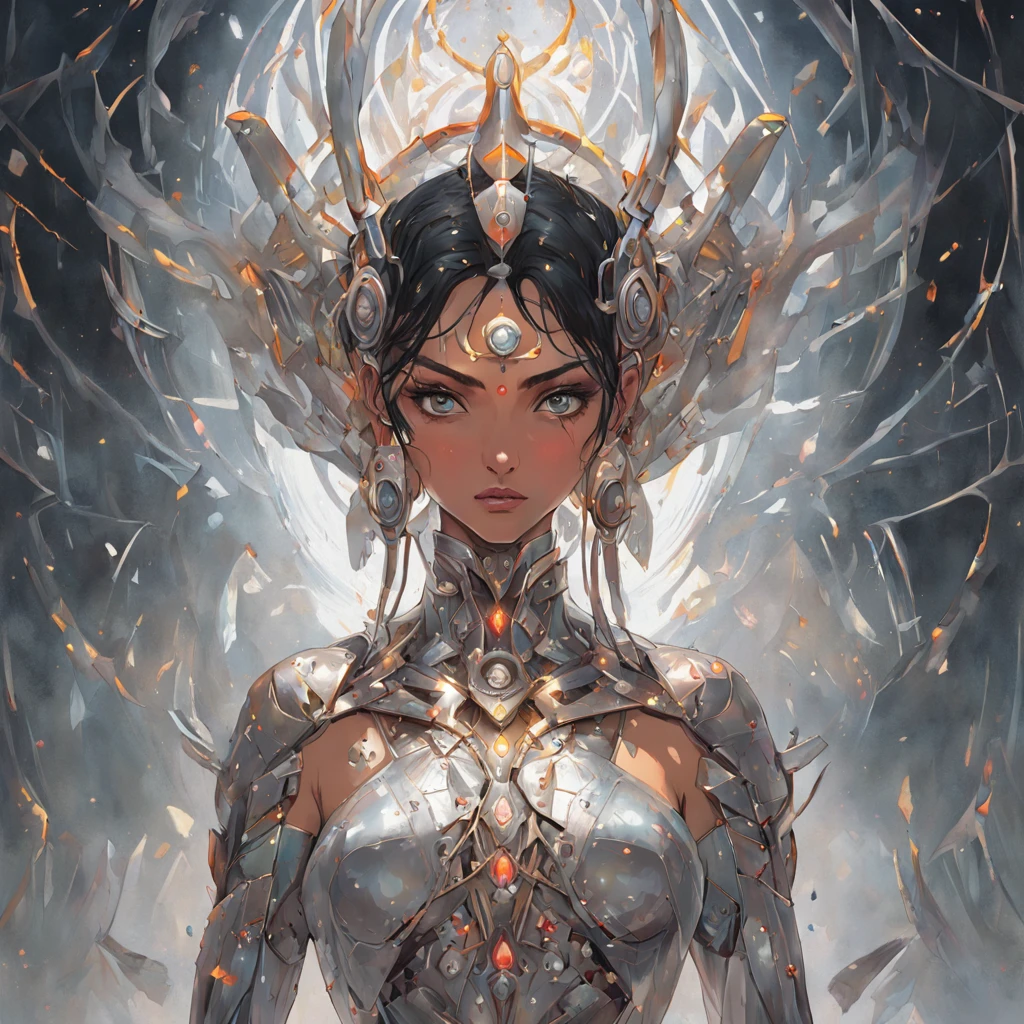 futuristic indigenous futurism,actress priyanka chopra as An advanced cybernetic cyborg indian Hindu goddesses of war, sensuality,artistic details,cyberpunk hindu mythology,epic sci-fi fantasy, centered,in the style of Nick Alm fantastical futuristic fantasy compositions, dark prism, dark, metallic compositions, symmetrical arrangements, cybernetic ethereal iridescent metallic colors , distinctive noses, ethereal,blood splatter colorful, eye-catching metallic compositions, symmetrical geometry, distinctive noses, gothic references, with a bold lines and streaks of black,white,red, gold and silver, fantasy sci-fi art, a detailed painting, ,Alex Alemany merge Karol Bak