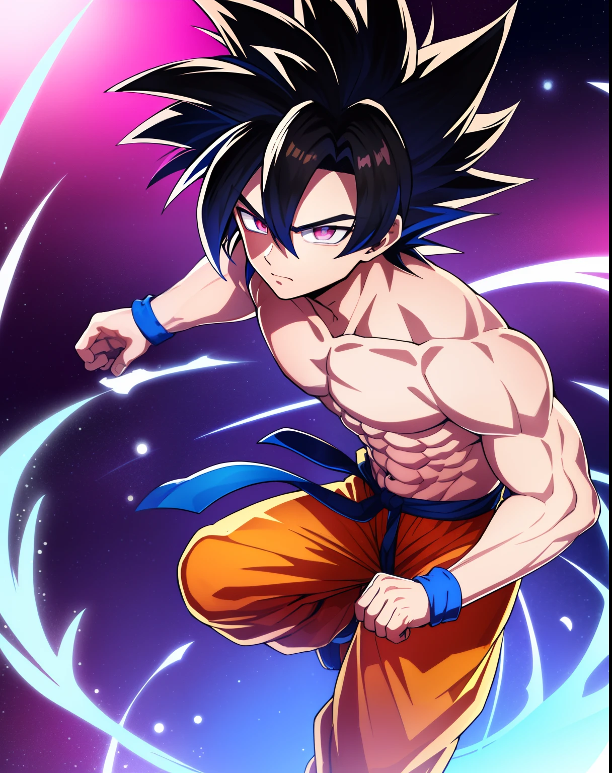 anime, son goku, 1boy, ojos brillantes, cabello amarillo, pulsera azul, dougi, musculoso, boca abierta, solo, spiked hair, pulsera, disparo de vaquero, gritos, aura, aura amarilla, tierra, hierba, tag, closed fists,fondo negro