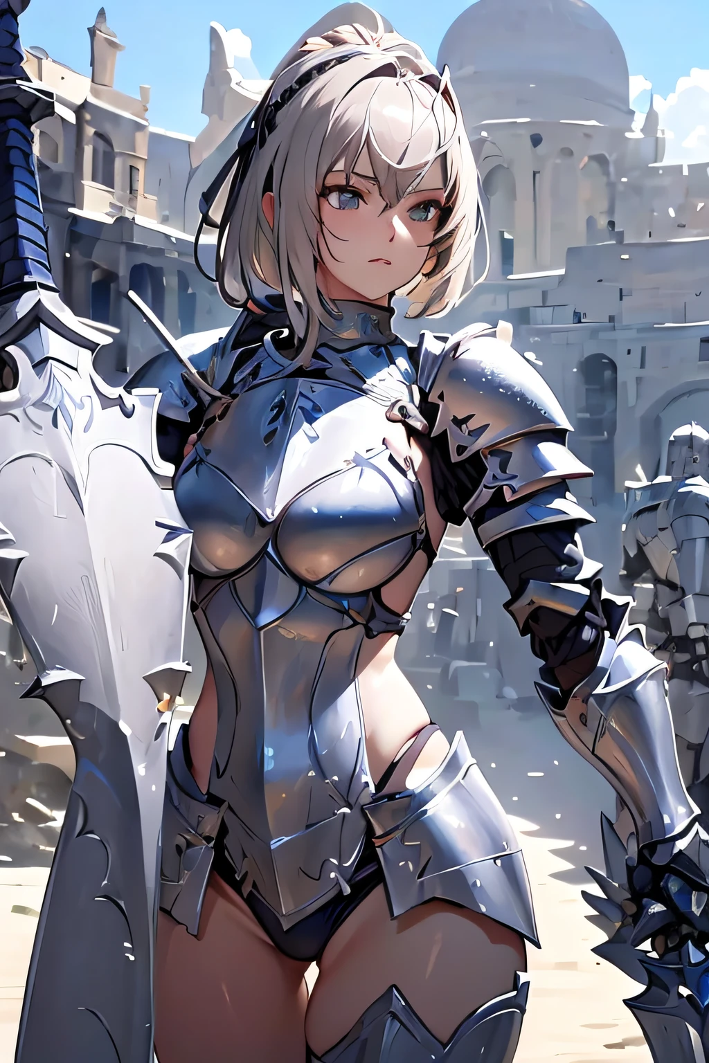 a close up of a woman in armor holding a sword, armor girl, bikini armor female knight, Bikini Armor, bikini-armor, Gorgeous Female Paladin, Female knight, of a beautiful female knight, Beautiful armor, bikini-armor, thick armor, ornate bikini armor, stunning armor, Trending on ArtStation pixiv, beautiful female knight