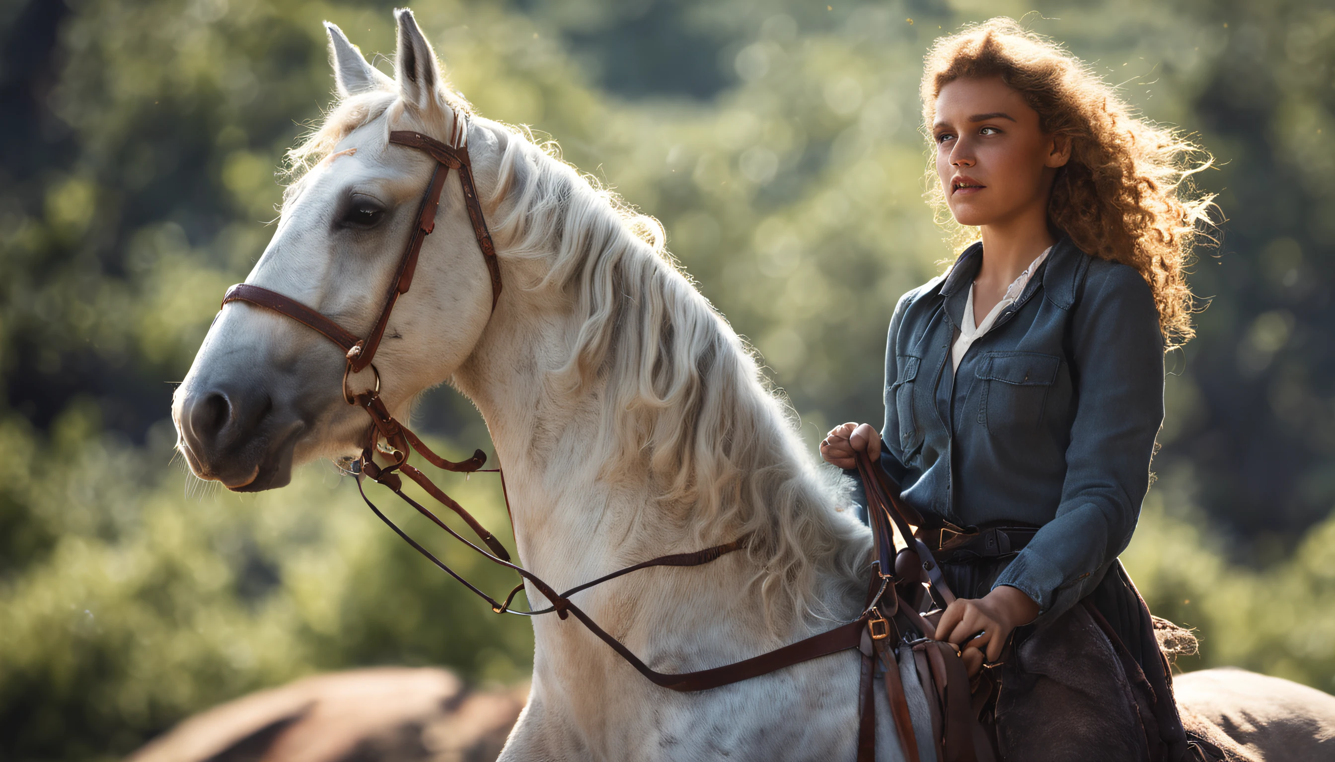 Photorealism, One Girl Riding Horse, Pretty Girl With Green Eyes, Terrible Curly, Naturally Curly, Golden Hair, Freckles, Housemaid Style, Smile