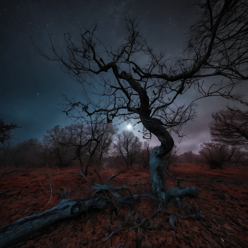 Magnificent view，Autumn Night Moonlight Forest Edge Landscape Photography Professional high quality nature digital photography，Two crows on a dead tree, Starry night, Thick fog on the ground,Spring bushes in the moonlight at night，precipice，Eau，foggy sky，Nightmare vision， Dark fantasy plot，Perfect and excellent composition，8K分辨率，the detail，limitations，wide - angle shot，background inside dark，Jack Guzman's environmental art photography,hdr shot。（Faraway view，Super deep view，ultra-wide-angle，Microfocal length lens：1.2）（realisticlying：1.4）tmasterpiece、high high quality、Beautiful photography、globalillumination、