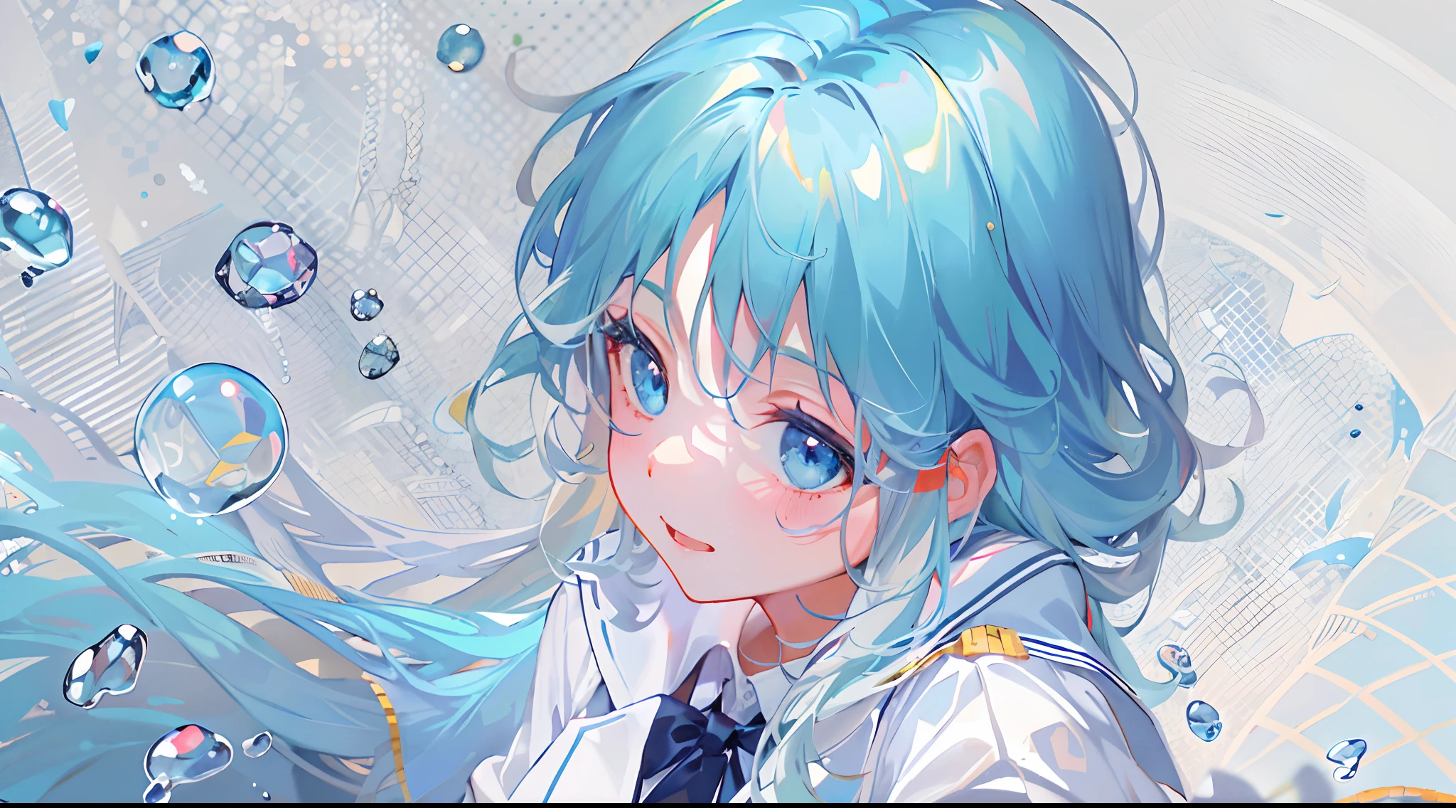 ((top-quality)), ((masterpiece)), ((ultra-detailliert)), (extremely delicate and beautiful), girl with, 独奏, cold attitude,((Black jacket)),She is very(relax)with the(Settled down)Looks,A dark-haired, depth of fields,evil smile,Bubble, under the water, Air bubble,bright light blue eyes,Inner color with light blue hair and dark blue tips,Cold background,Bob Hair - Linear Art, shortpants、knee high socks、White uniform like school uniform、Light blue ribbon ties、Clothes are sheer、Hands in pockets