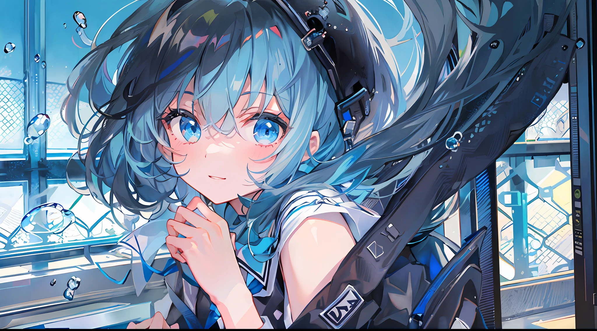 ((top-quality)), ((masterpiece)), ((ultra-detailliert)), (extremely delicate and beautiful), girl with, 独奏, cold attitude,((Black jacket)),She is very(relax)with the(Settled down)Looks,A dark-haired, depth of fields,evil smile,Bubble, under the water, Air bubble,bright light blue eyes,Inner color with light blue hair and dark blue tips,Cold background,Bob Hair - Linear Art, shortpants、knee high socks、White uniform like school uniform、Light blue ribbon ties、Clothes are sheer、Hands in pockets