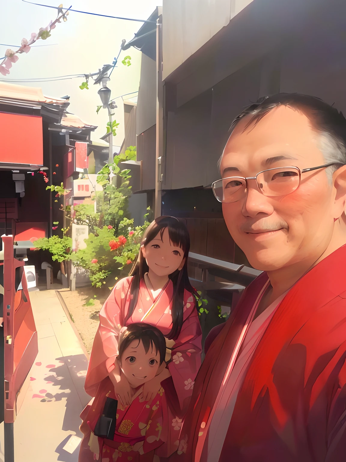 there are two people standing next to a child in a red dress, vacation photo, wearing a colorful yukata, 40 years old man, 30 years old woman, 5 years old boy , japanese related with flowers, selfie photo, sakura season , selfie , ghibli style