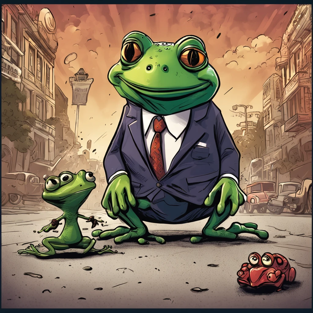 A high-quality illustration with a frog-looking politician and a ant-lokking policeman, striking and realistic expression.