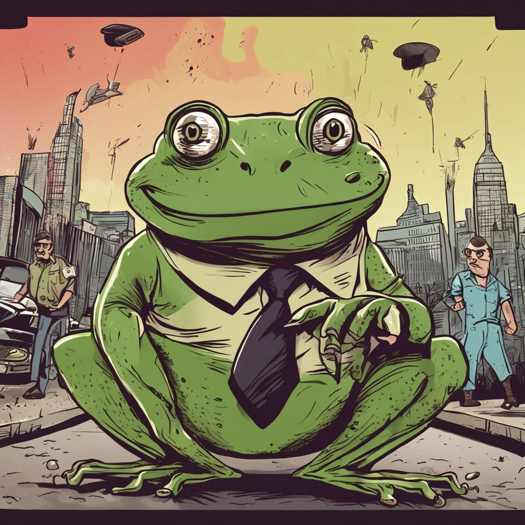 A high-quality illustration with a frog-looking politician and a ant-lokking policeman, striking and realistic expression.