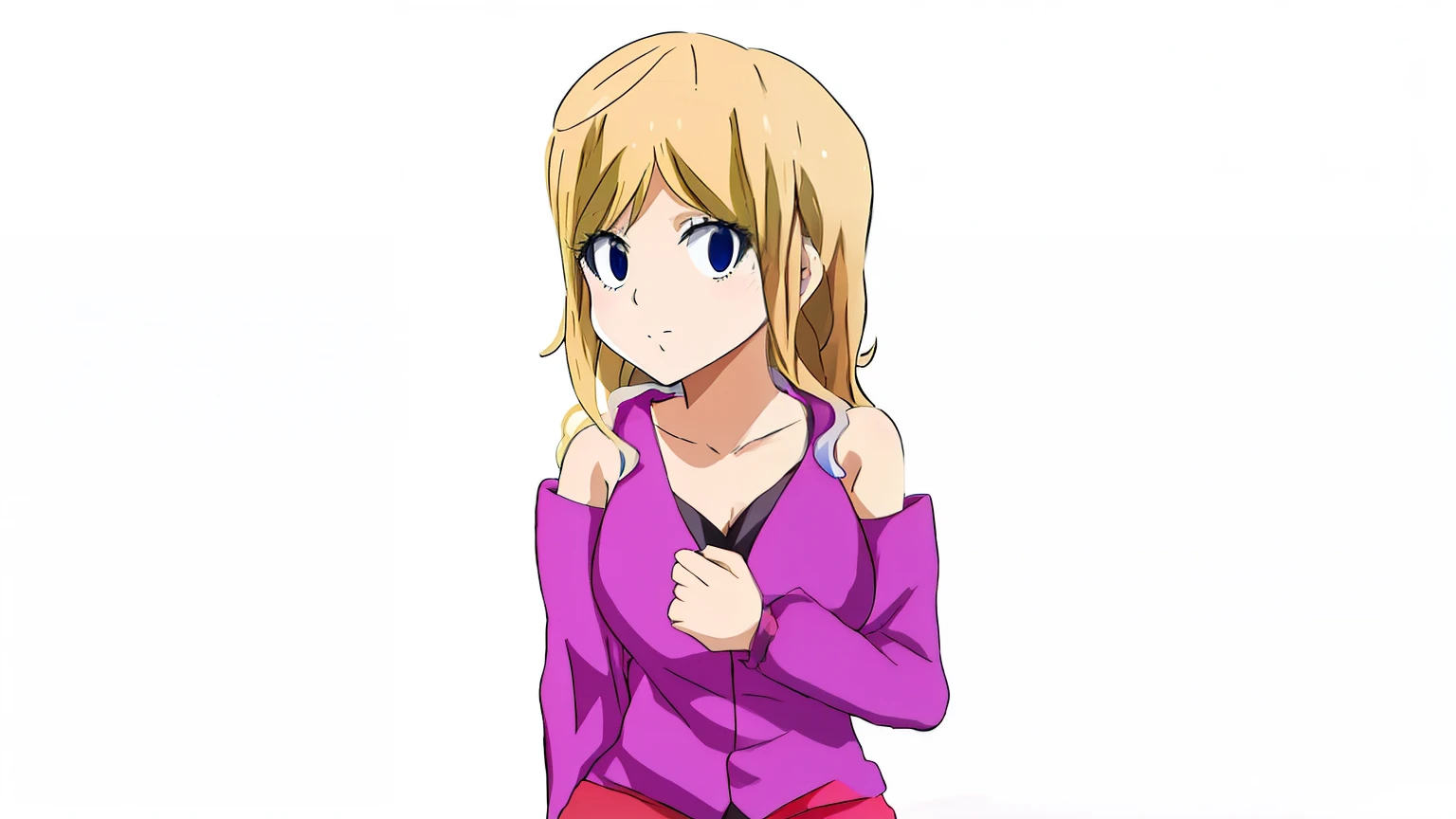 Menina anime com cabelo loiro e olhos azuis em uma camisa roxa, personagem estilo anime, em estilo anime, em estilo anime, Menina do anime chamada Lucy, cel - estilo de arte sombreado, inspirado no INO, retrato estilo anime, como um personagem de anime, [[[[sorrindo malvado]]]], personagem de anime, Natalie de Epic Battle Fantasy, uma garota de anime