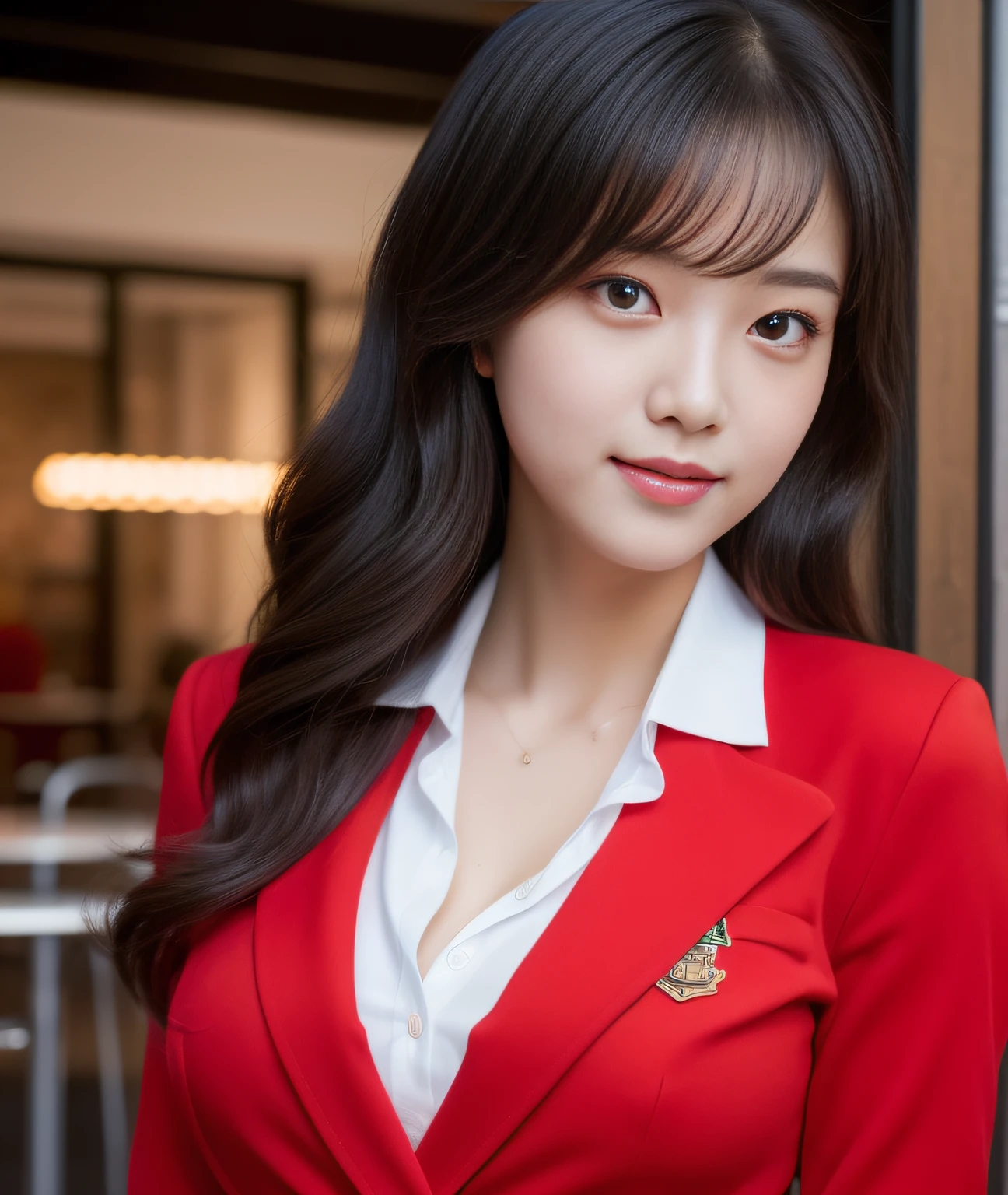 ((Best Quality, 8K, Masterpiece: 1.3)), a beauti, In addition, melon face, Friendly and cute, sweet smile, Pure desire, Slender body, (s whole body), (tilted head), ((looking at camera)), Medium Black Silky Straight Hair, Long flowing shoulders, round black big eyes, clear big eyes, moist red lips, Cafe shop background, ((full body shooting)), (Red Blazer, bows, Sock, High School Uniform: 1.2, ), (Big breasts), (a full-body shot)