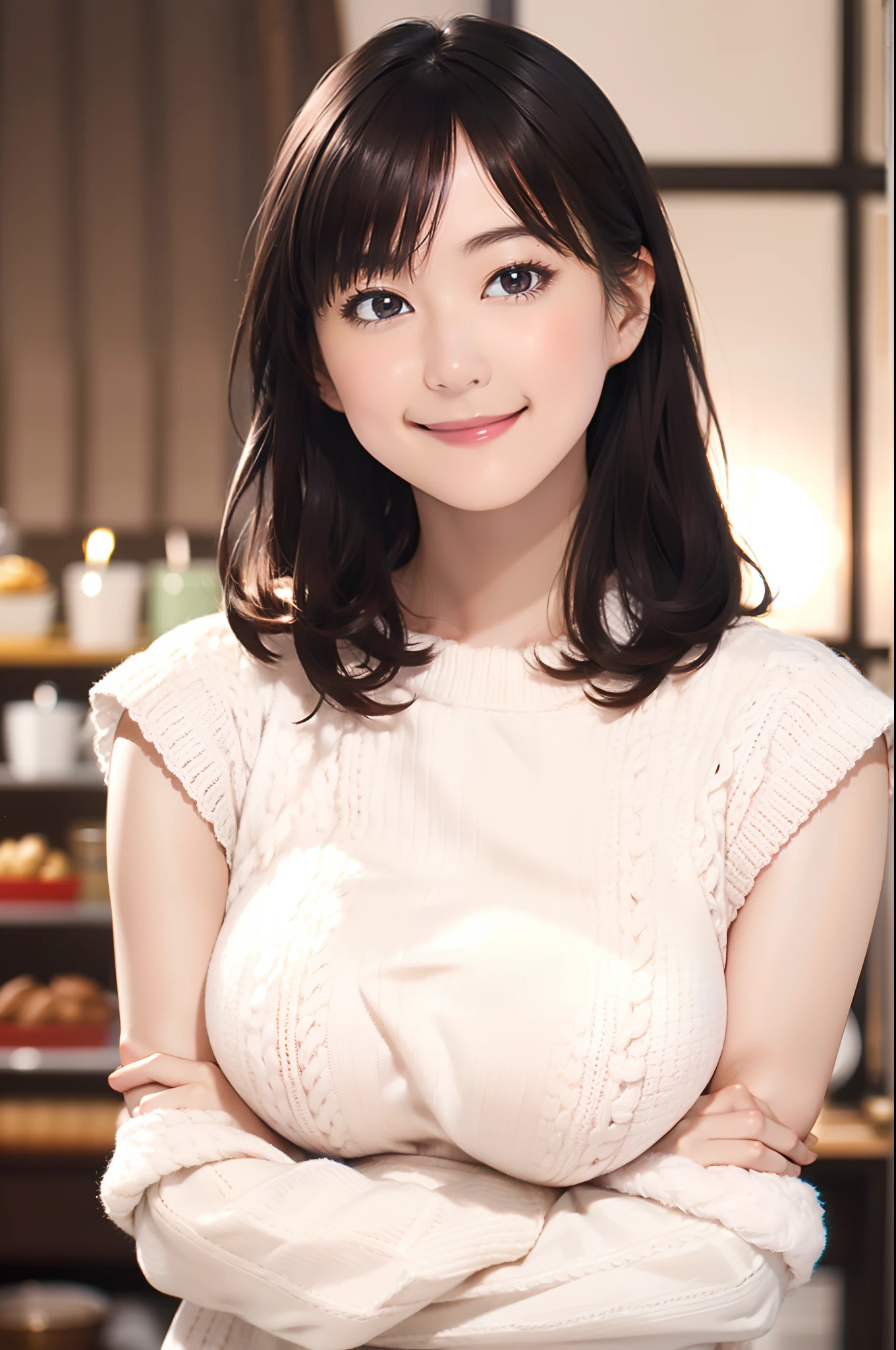 (absurderes), hight resolution, ultra-detailliert, Beautiful face, Big breasts, Huge breasts, Wearing a white knitted dress, (Sleeveless), Smile Face, Staring at me