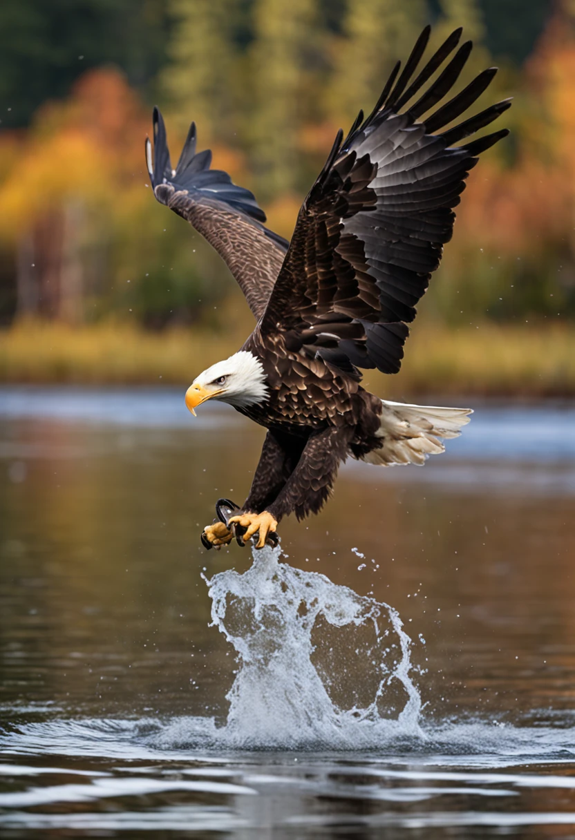 American Bald Eagle diving towards prey, with a fierce expression on its brown-feathered face, it's talons skimming the water surface of a lake with a rainbow trout leaping out of the water just in front of the eagle. The background of the image is a forest-lake environment. The camera model used is a high-end DSLR with a telephoto lens. The composition of the image is centered on the eagle, with the mountains in the background providing a sense of scale. The perspective is from a low angle, capturing the eagle's powerful descent. The lighting is natural, with the sun shining on the eagle's feathers, highlighting its details. The depth of field is shallow, with the eagle in sharp focus and the mountains slightly blurred in the background. The shutter speed is fast, freezing the eagle's movement in mid-air. The photo quality is high, with sharp details and vibrant colors. The final image captures the majesty and power of the American Bald Eagle in its natural habitat. --v 5 --ar 2:3