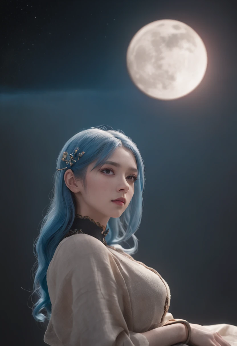 （first person perspective, in a panoramic view，magic realism，surrealism，Chiaroscuro, anime illustration：1.5，，Masterpiece, hyper HD, Super detail, High details, Best quality, A high resolution, A high resolution, Award-Awarded, Award-Awarded, Anatomically correct, 8K），（Delicate anime girl：1.5，blue hairs，sitting on a moon：1.5，Peach blossoms with blurred foreground，the sea，​​clouds，A huge crescent moon levitates in space，Peaceful night sky in the background，A lot of meteors），（ Chic girl，anatomy correct，Cinematic lighting，senior color matching，Dark background）