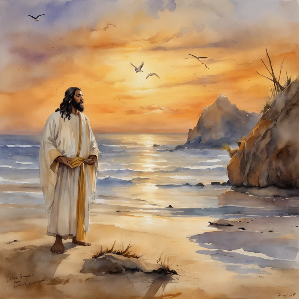 Jesus Christ standing on the beach, olhando para o horizonte do mar. He wears a white tunic with a golden band at the waist. His face has an expression of peace and wisdom. The wind swings her long light brown hair. At his side is one of his disciples, olhando admirado para Jesus. The disciple has dark hair and beard. They're both barefoot in the soft sand. The sky at dusk is in orange and purplish hues. The sea is calm with gentle waves. The water reflects the light of the sunset in golden tones. The scene conveys tranquility and connection with nature. It is photographed with soft focus, cores vibrantes e profundidade., Thick fog on the ground, Luz azul no horizonte, Motor Unreal 5, cinemactic, Low-angle photography, motion blur, proFundidade de campo, dust, Cobblestones and dirt. arte splash, pingando tinta. Perfect color classification. inFluenciado por karel Appel e jeremy mann, Full of dramatic and threatening scenes, hiper-detalhado, Beautiful, detalhes insanos, detalhes intrincados, FotograFia Editorial, FotograFado com uma lente de 50mm, proFundidade de campo, Tilt Blur, Velocidade do obturador 1/1000, F/22. Mapas de luz, super brilhante