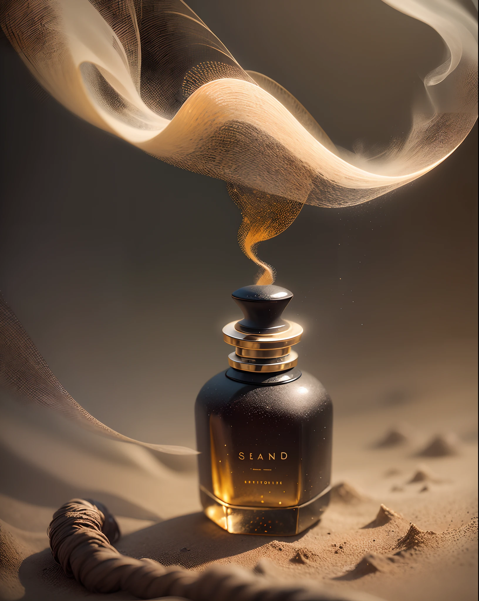 black perfume with sand smoke, with mystical and magic feeling in the scene, photographed with phase ne with a lens 35mm, cinematic light, highlights bloom blurred, photo realistic --auto --s2