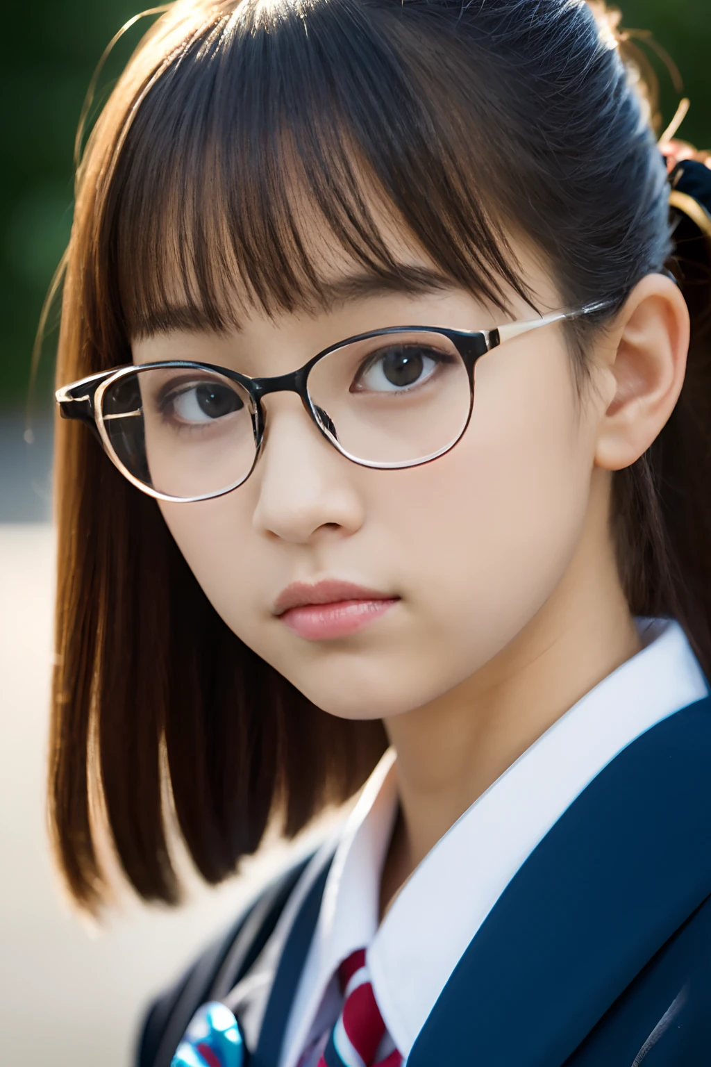 Lens 135mm f1.8,(Best Quality),(8K High Quality Masterpiece:1.1), (Beautiful teenage Japan girl),  cute  face,  (Look at another one), (Narrow-rimmed glasses)、
(close-up:1.4),  Short ponytail,
Dappled sunlight, Dramatic Lighting, (Japan school uniform), (in a school),