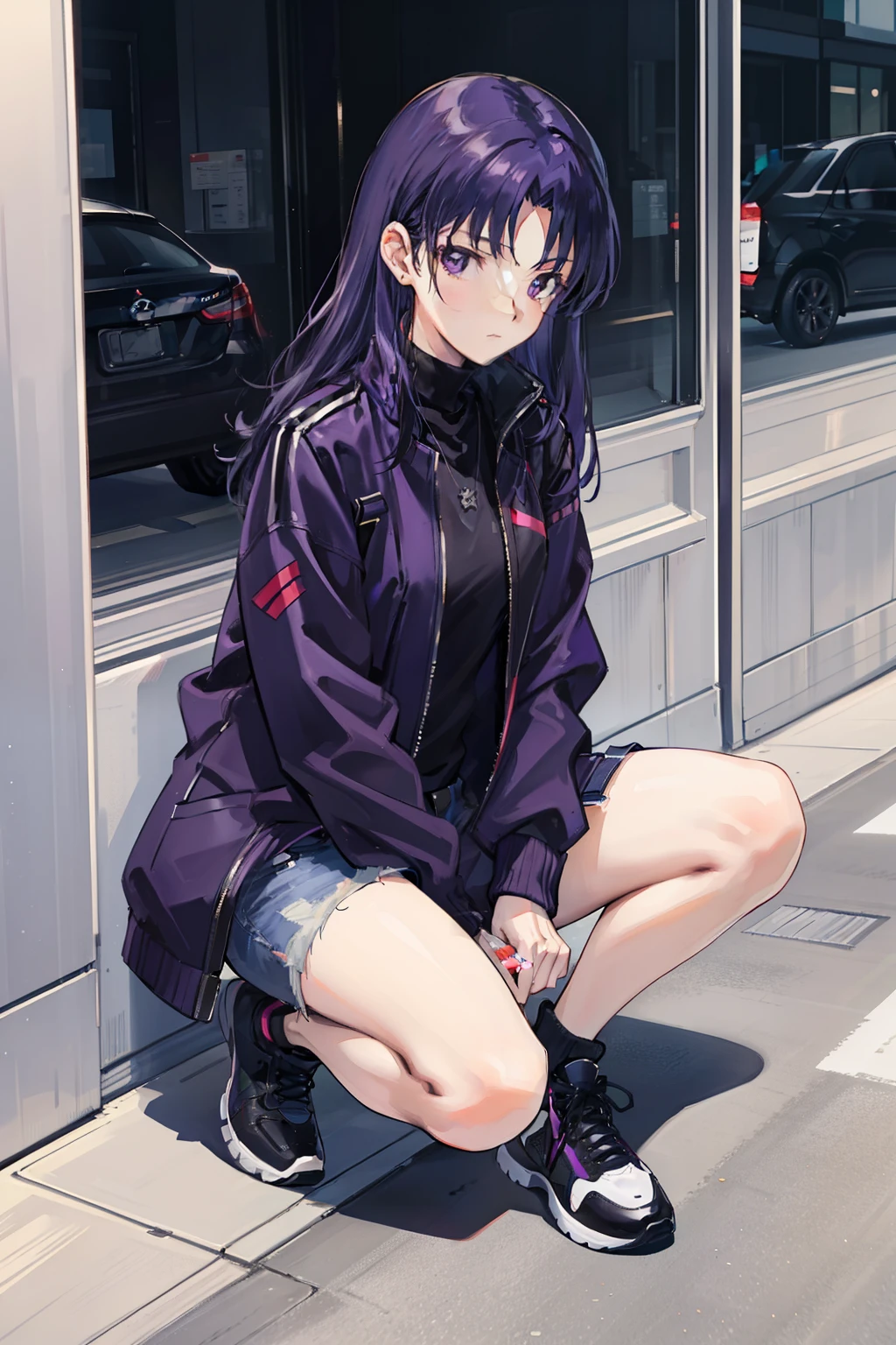 Misato , Wear a black modern street-style jacket , Under it，She wears a short purple vest , Black modern street style jeans , Modern street style black and purple sneakers