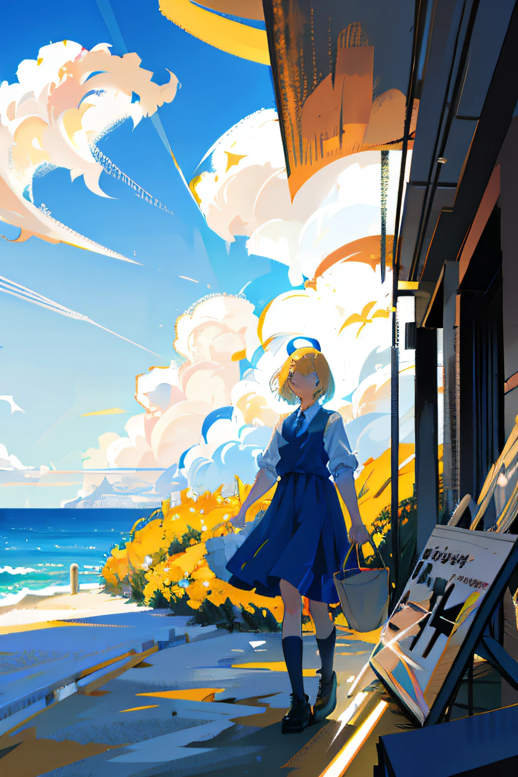 with blue sky and white clouds，Sunlight shines through the clouds，Irradiated to the ground