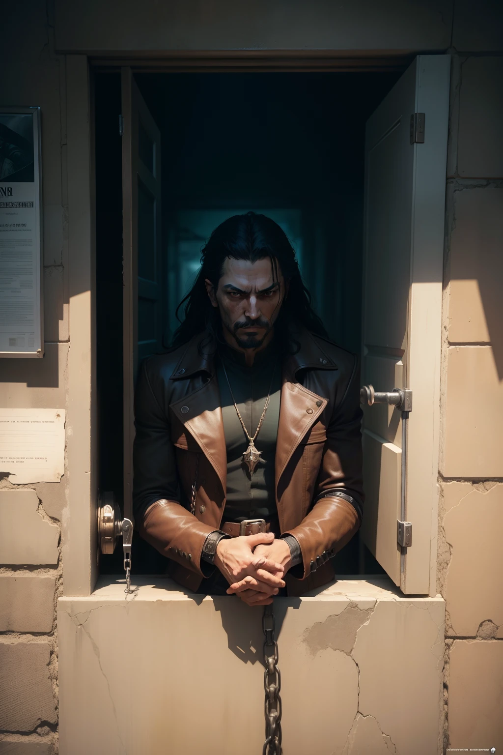 pintura de um homem, olhos abertos, olhos verdes esmeralda, olhos detalhados Escuro, chains on the wrists, handcuffed on hands, prison background, cinematic prison cell, preso,o realista Solomon Kane, as a solomon kane, portrait of a bloodborne hunter, Tim Bradstreet, Arte Sangrenta, oeste estranho, Jessé McCree, Directed by: Hiroyuki Tajima, terras mortas, Pistoleiro, Fazer software, Directed by: Yoshihiko Wada, Leiji Matsumoto, Estilo de arte Red Dead Redemption
