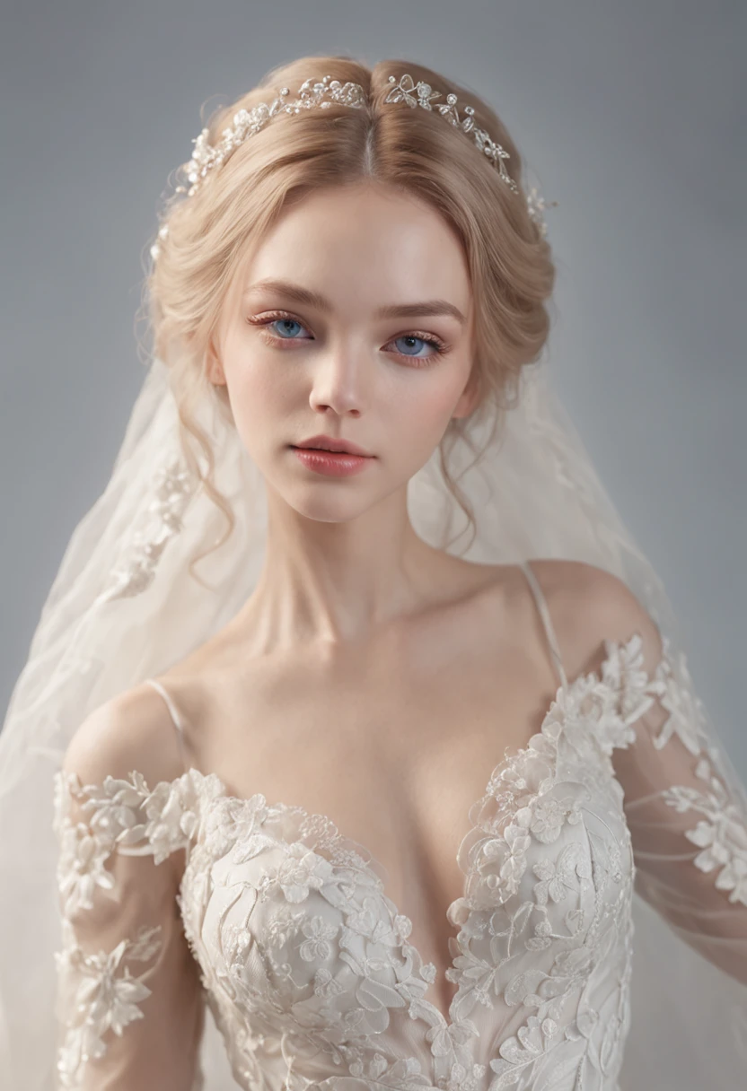 1 beautiful girl, full body, standing photo, white wedding dress, soft dress, blond hair, blue eyes, wavy hair, masterpiece, diffuse soft film lighting, portrait, best quality (perfect face:1.4), ultra-realistic highly detailed intricate realistic simulation style photo sharply focused on eyes, cinematic lighting, studio shot, gorgeous pose