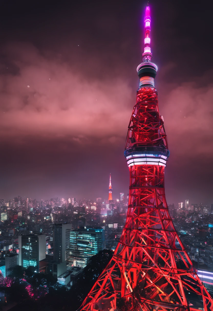 cyberpunked, neon signs, ((Tokyo Tower)) Looking up from directly below, cinematic lightening, ((Night with moonlight and stars)), Core Low Key, top-quality, Hyper-Resolution, Hyper-Realism, sharpness