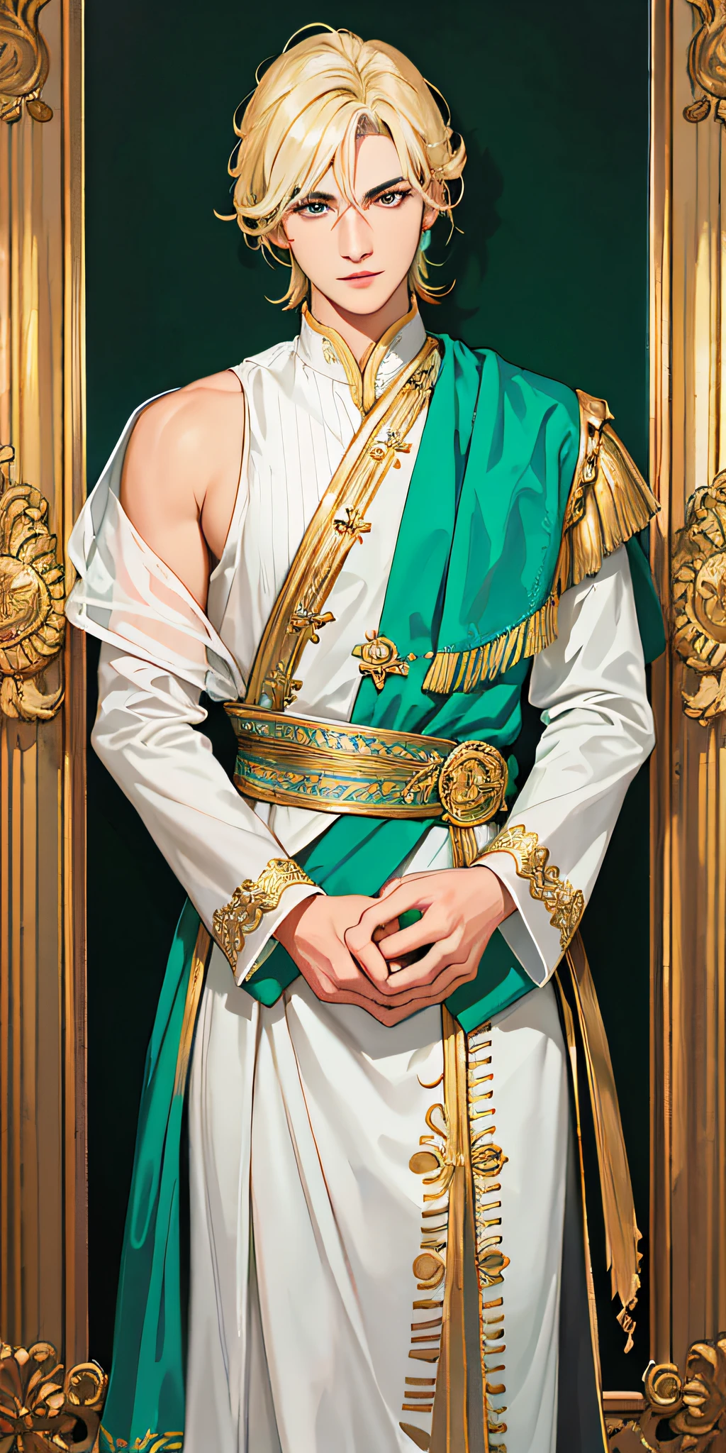 La mejor calidad de imagen, 4k, Obra maestra, 1 hombre, Cabello dorado con flecos, ojos de color piedra preciosa verde, guapo maduro y gentil, ojos piadosos, cabello exquisito, Sharp eyes when looking at the camera, Enfoque facial, rasgos faciales delicados, Artistic lighting, retrato, Face enlargement, Primer plano de la cara, por encima del hombro, [Comportamiento elegante, Dignified atmosphere and excellent posture that attracts attention + cara hermosa + Efecto de pintura de retrato].