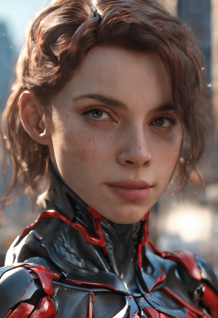 (Masterpiece artwork), (best qualityer), (photorrealistic:1.4), 8k, detailed skin texture, detailed fabric texture, beautiful detailed face, details Intricate, ultra detaild, Millie Bobby Brown, Black Widow in the style of The Flash, pure red hair, (fully body: 1.2)