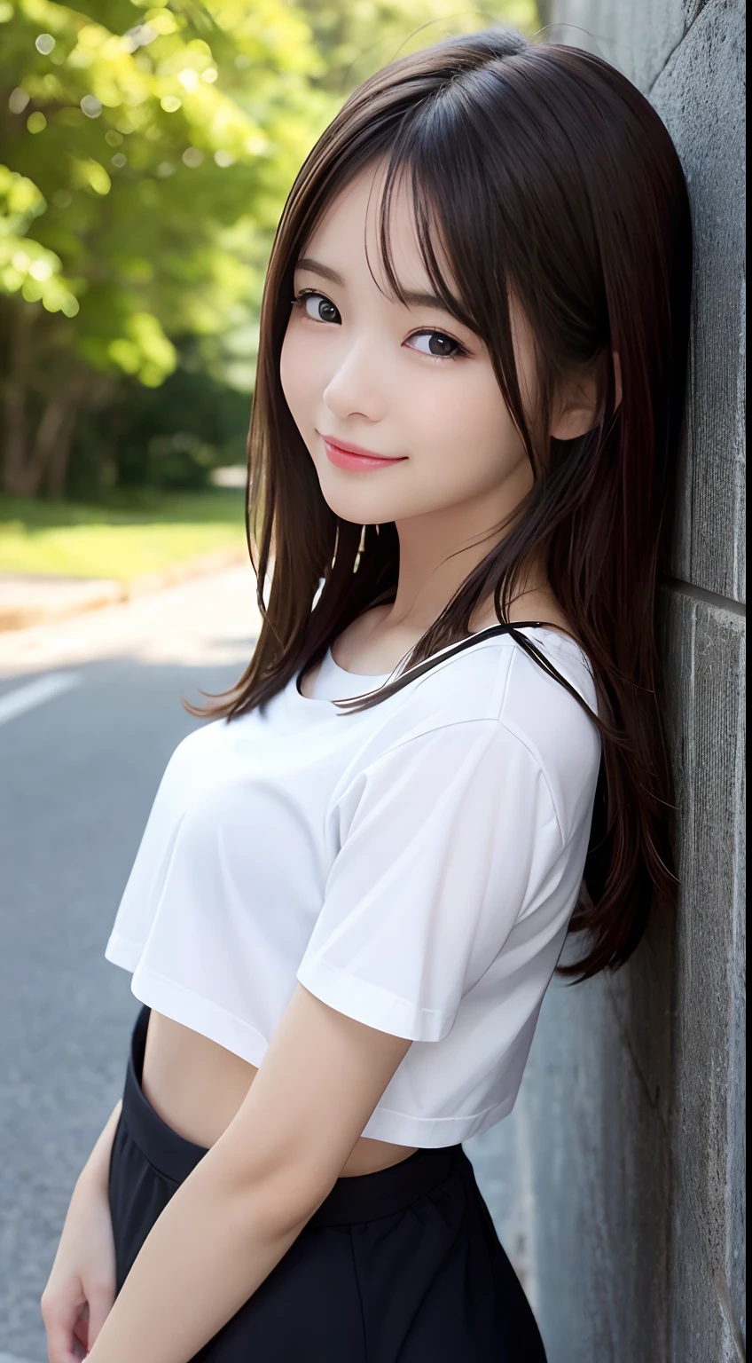 (Raw photography:1.2)、top-quality、Detailed beauty、Beautuful Women、The most beautiful women in the world、Beautiful sharp face、面長、21years old、A smile、Happy smile、light brown hair、fluffy and voluminous hair、extra detailed face、beatiful detailed eyes、eye line、Nasal nose、a small face、small tits、tiny chest、Natural sunlight、depth of fields、Blurry background、hight resolution、8k wallpaper、finely detail、Very detailed 8k wallpaper、电影灯光、sexy  pose、(photorealisim:1.4)、super detailing、​masterpiece、croptop、Small T-shirt、hotpants、shot from a side angle、Road by the sea、lean against the wall、